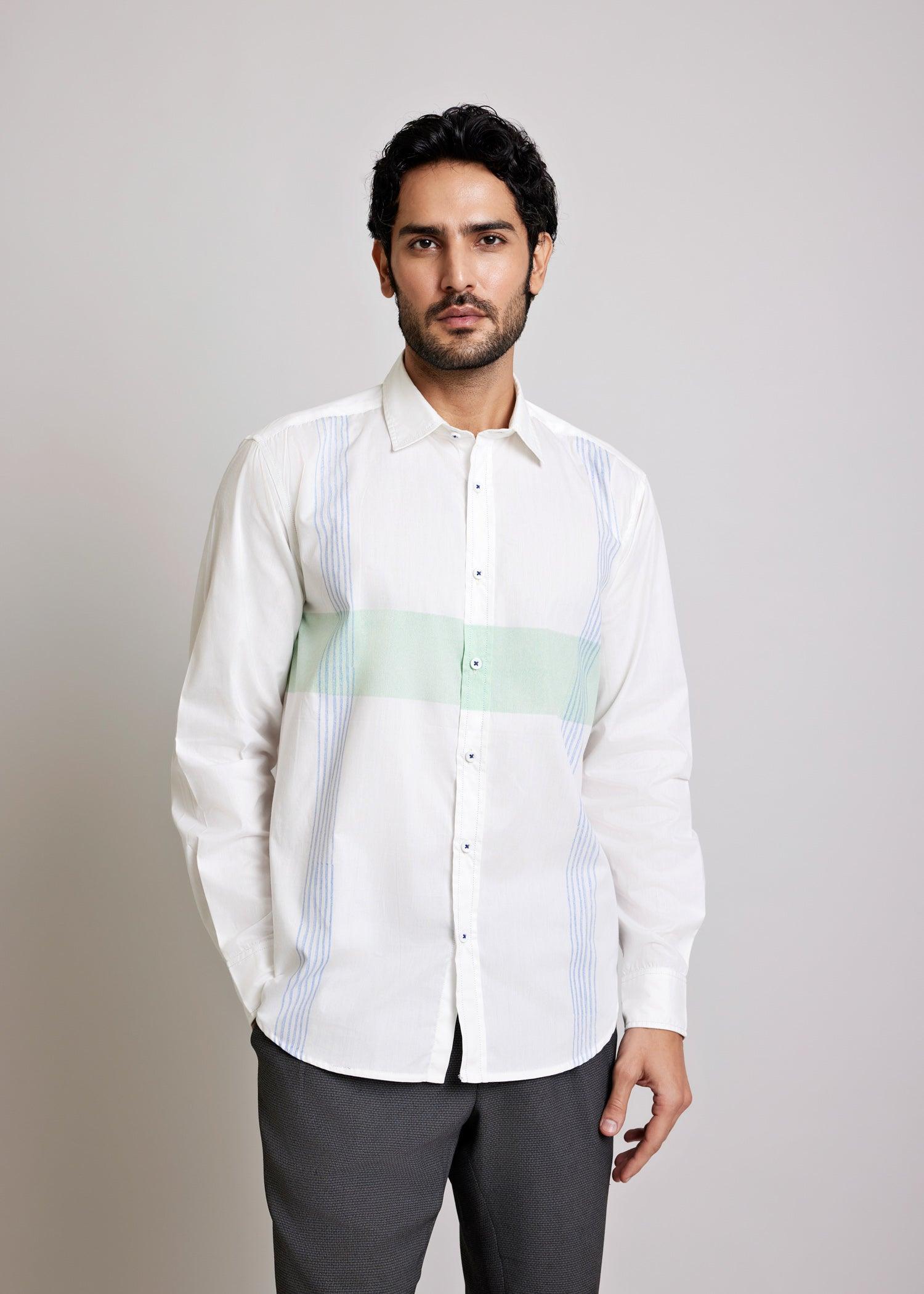 White, Green & Blue Regular Cotton Full Sleeve Shirt Ratan Texprocess Pvt. Ltd