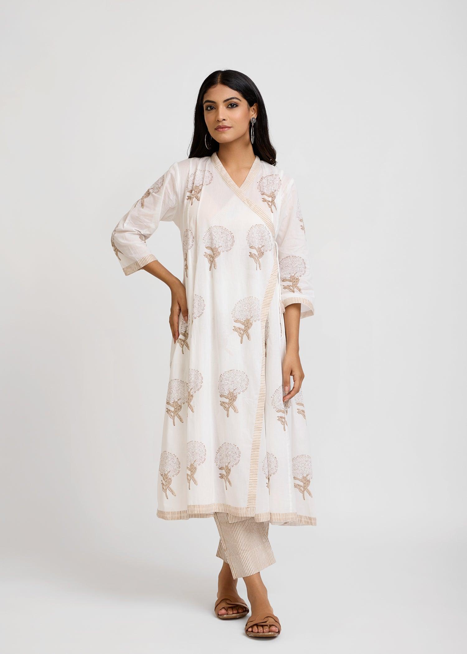 Kalidar Achkan White & Beige Cotton Long Kurta Ratan Texprocess Pvt. Ltd