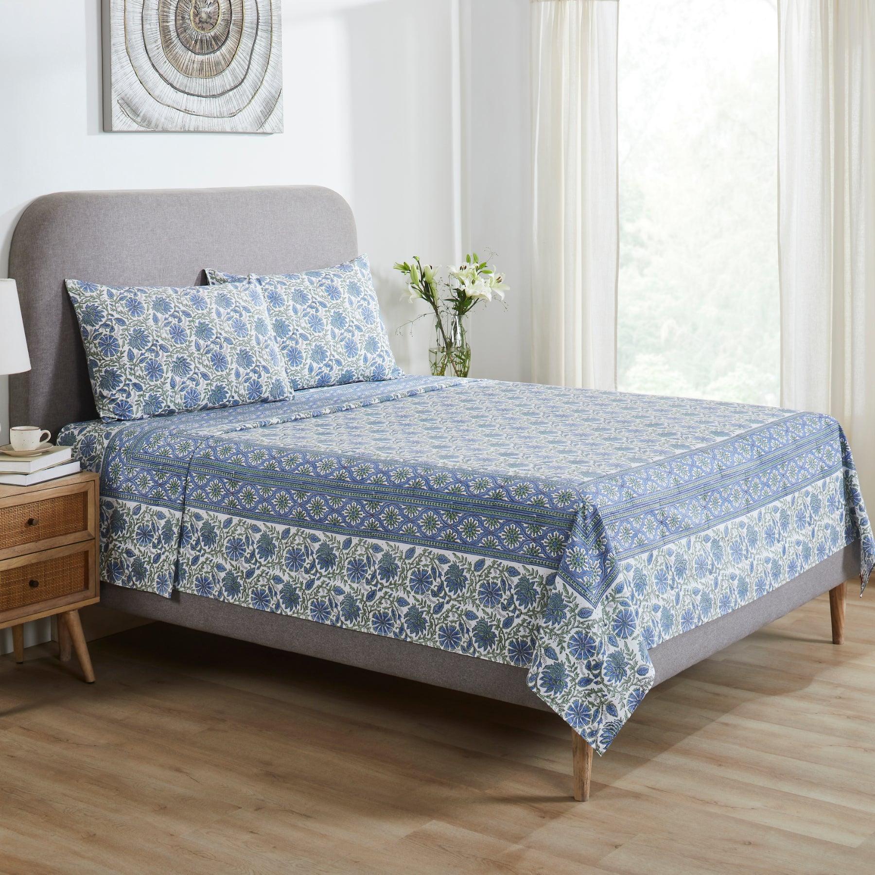 Floral Harmony Blue & Green Hand Block Printed Cotton Bedcover Ratan Texprocess Pvt. Ltd