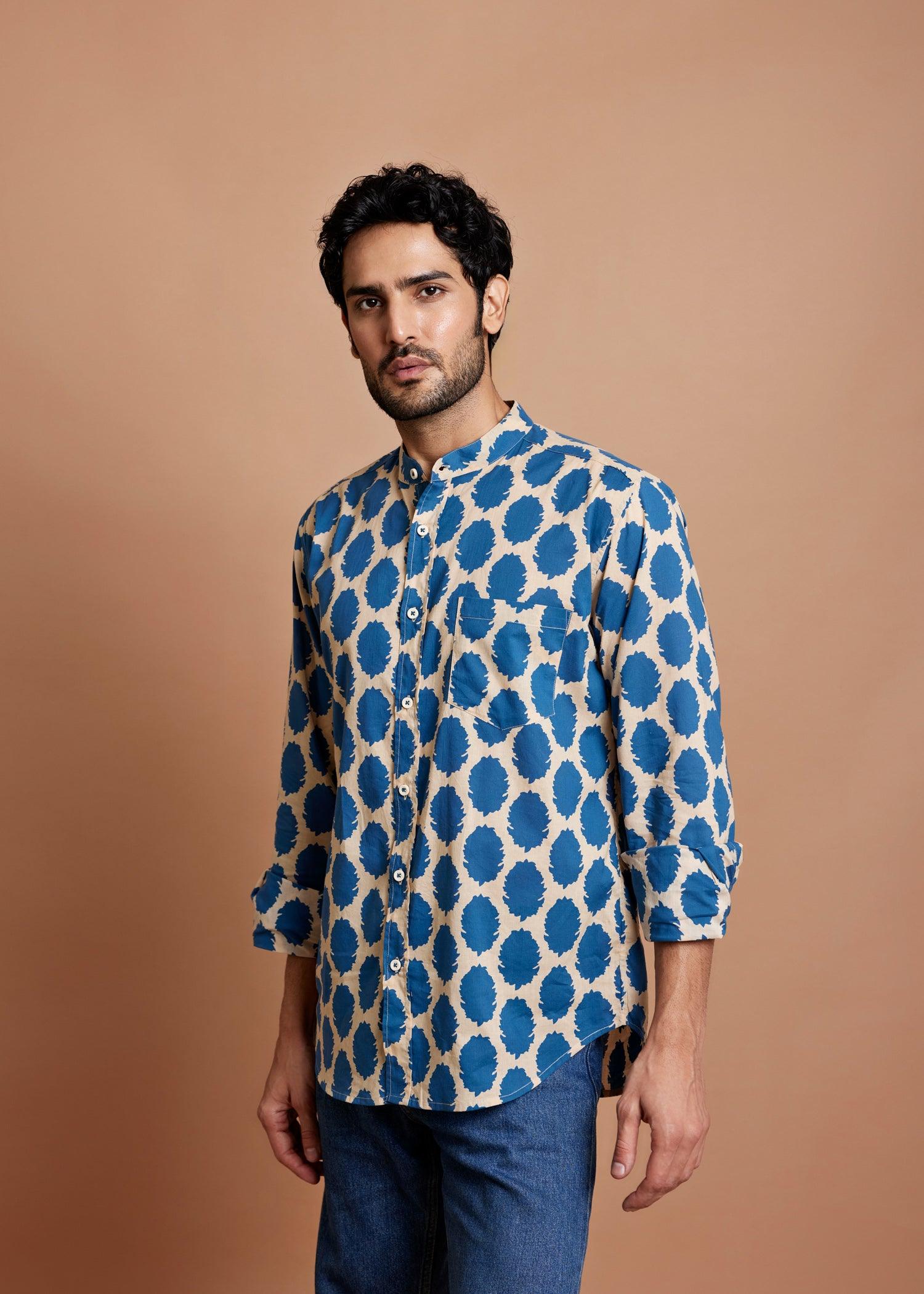 Cream & Blue Regular Cotton Full Sleeve Shirt Ratan Texprocess Pvt. Ltd