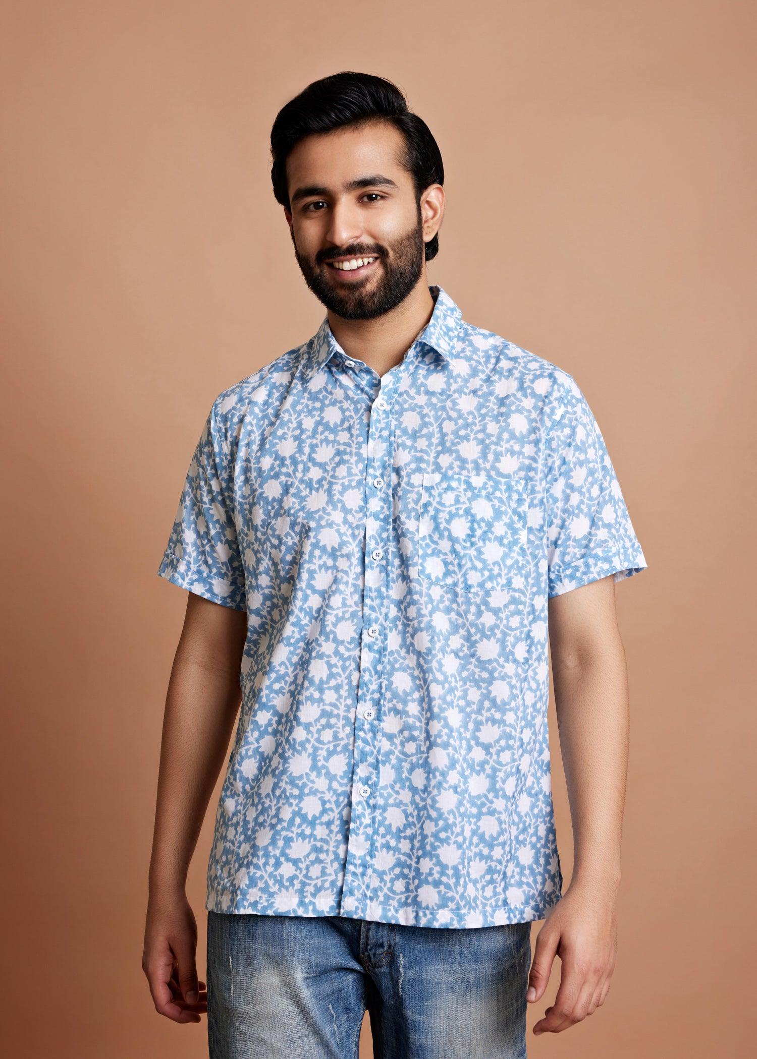 White & Aqua Blue Regular Cotton Half Sleeve Shirt Ratan Texprocess Pvt. Ltd