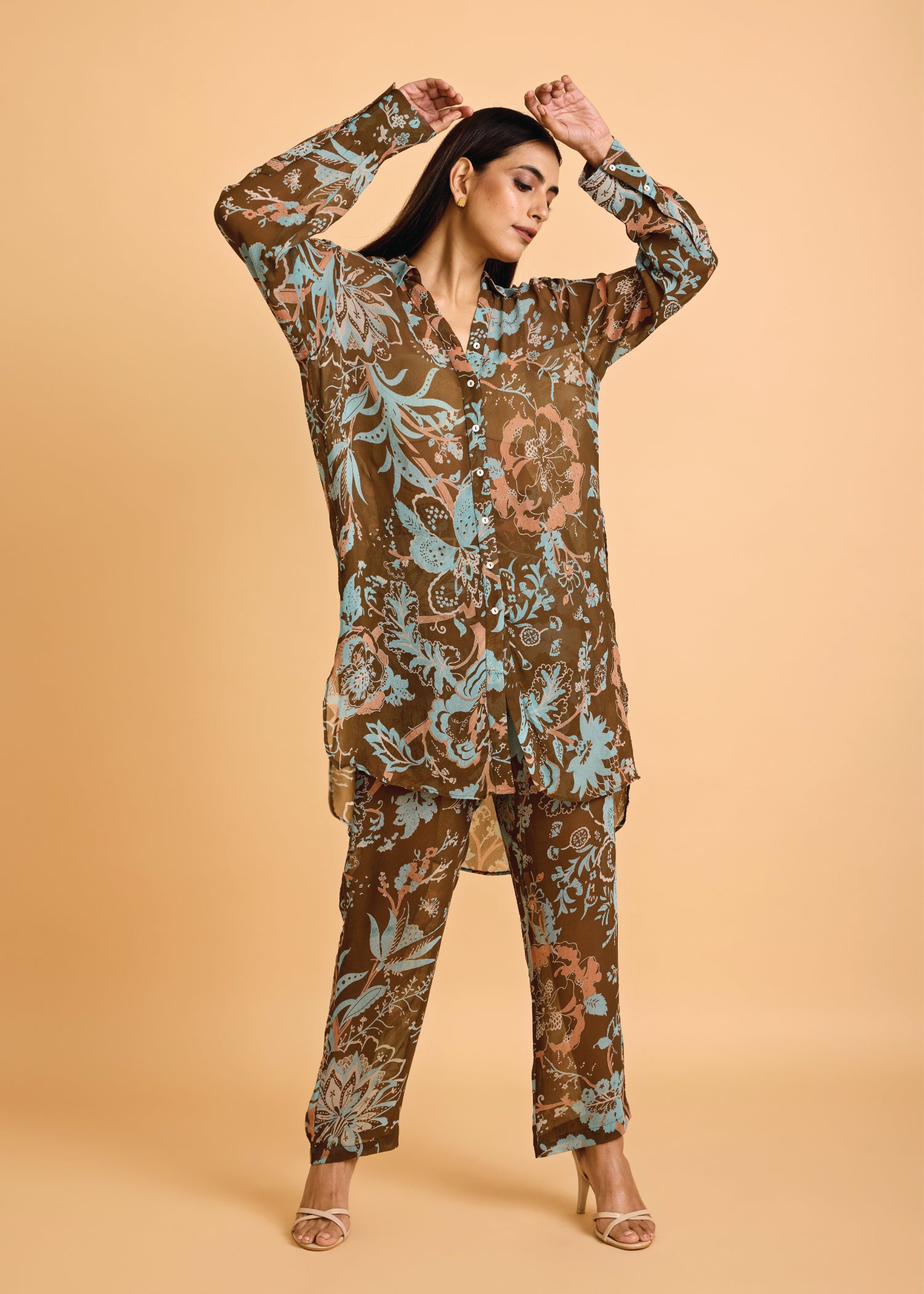 Brown Viscose Honeycomb Tunic Set