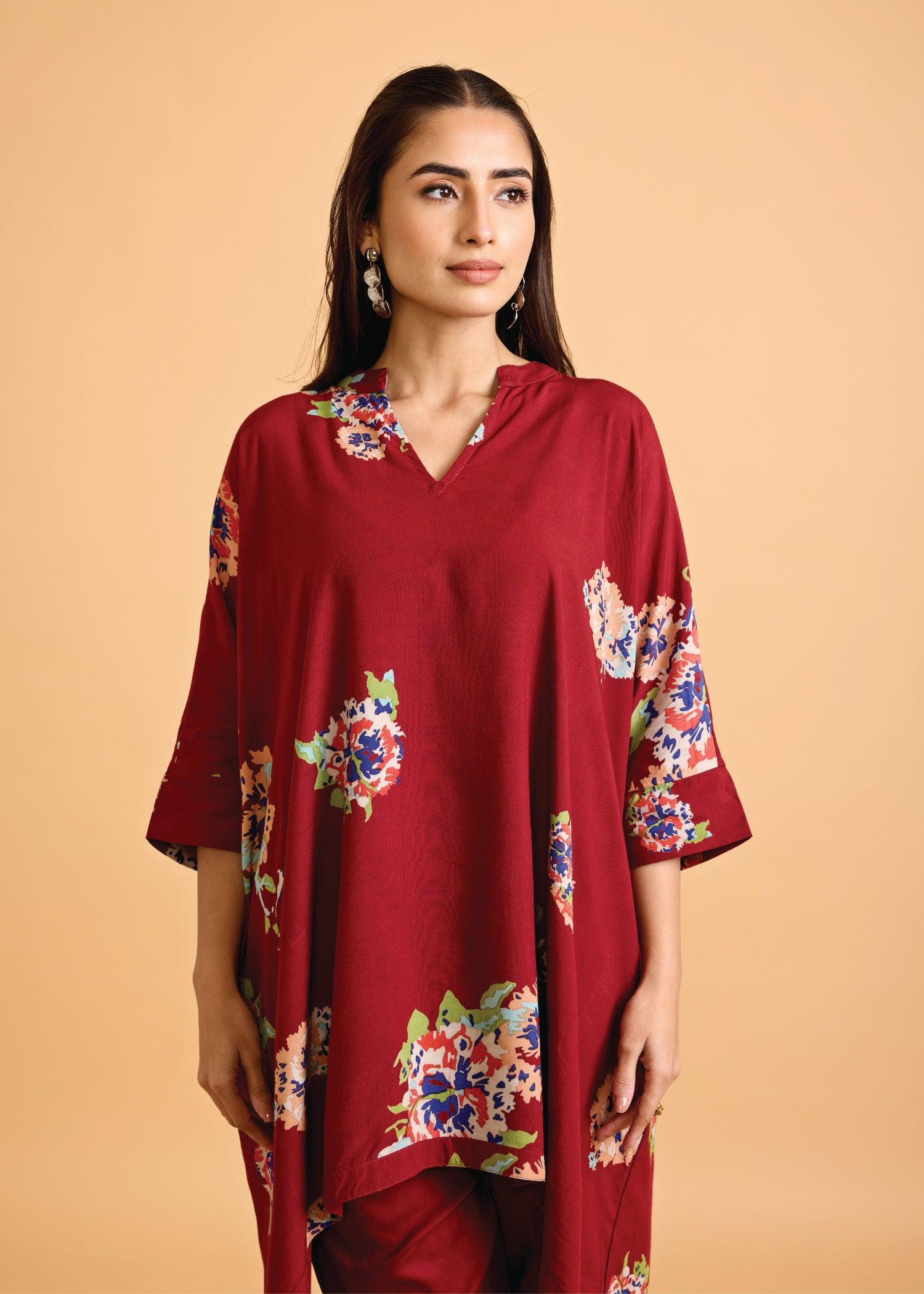 Maroon Loose Viscose Saba Kaftan Ratan Texprocess Pvt. Ltd