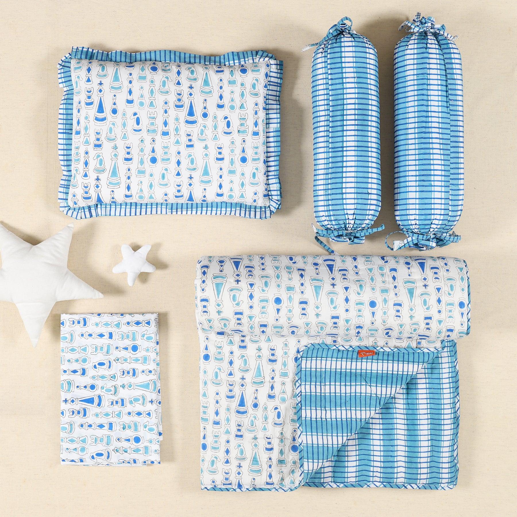 Shatranj Blue Cotton Baby Bedding Set Ratan Jaipur