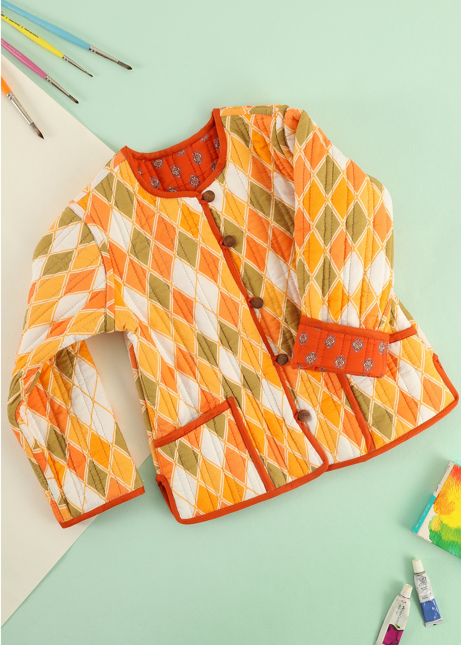 Orange Rhombus Quilted Cotton Reversible Coat Unisex (0-7 Years) Ratan Jaipur