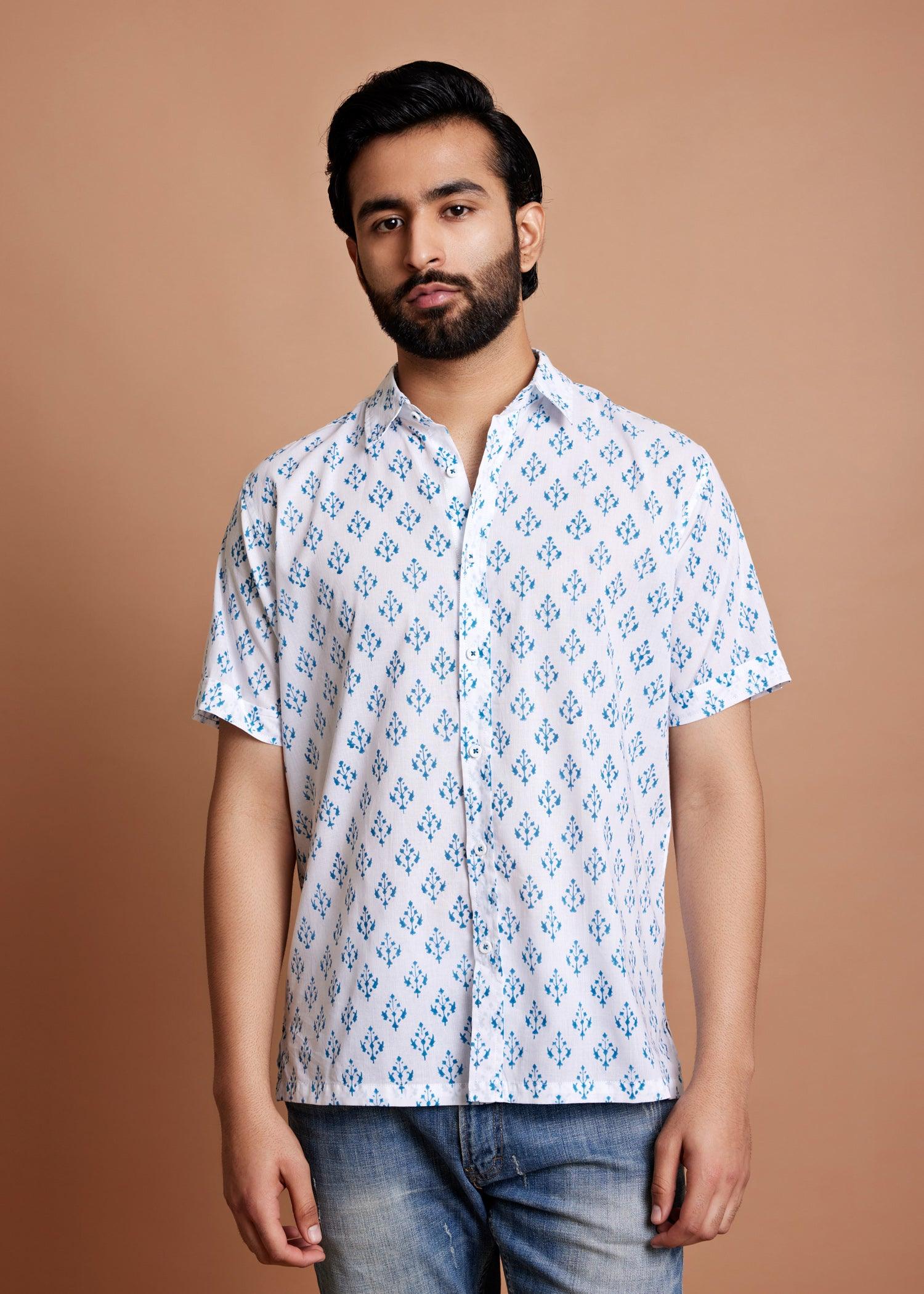 White & Peacock Blue Regular Cotton Half Sleeve Shirt Ratan Texprocess Pvt. Ltd