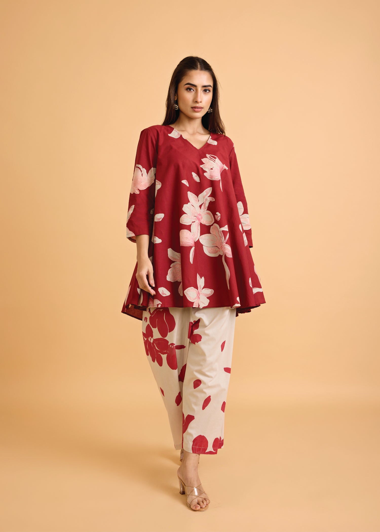 Maroon Flared Cotton Zubeida Tunic Set Ratan Texprocess Pvt. Ltd