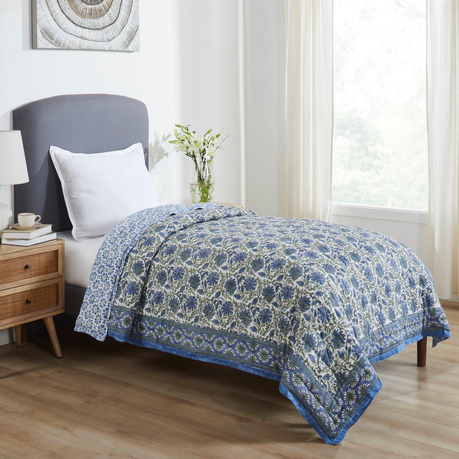 Floral Harmony Blue & Green Hand Block Print Lightweight Medium Cotton Quilt Ratan Texprocess Pvt. Ltd