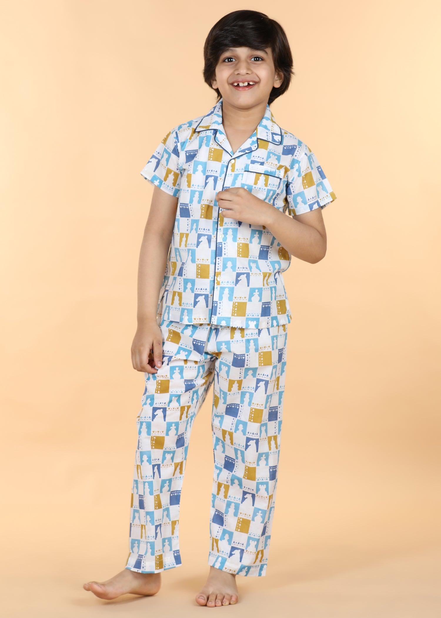 Chessboard Blue Green Half Sleeves Cotton Unisex Nightsuit (1-12 Yrs) Ratan Texprocess Pvt. Ltd