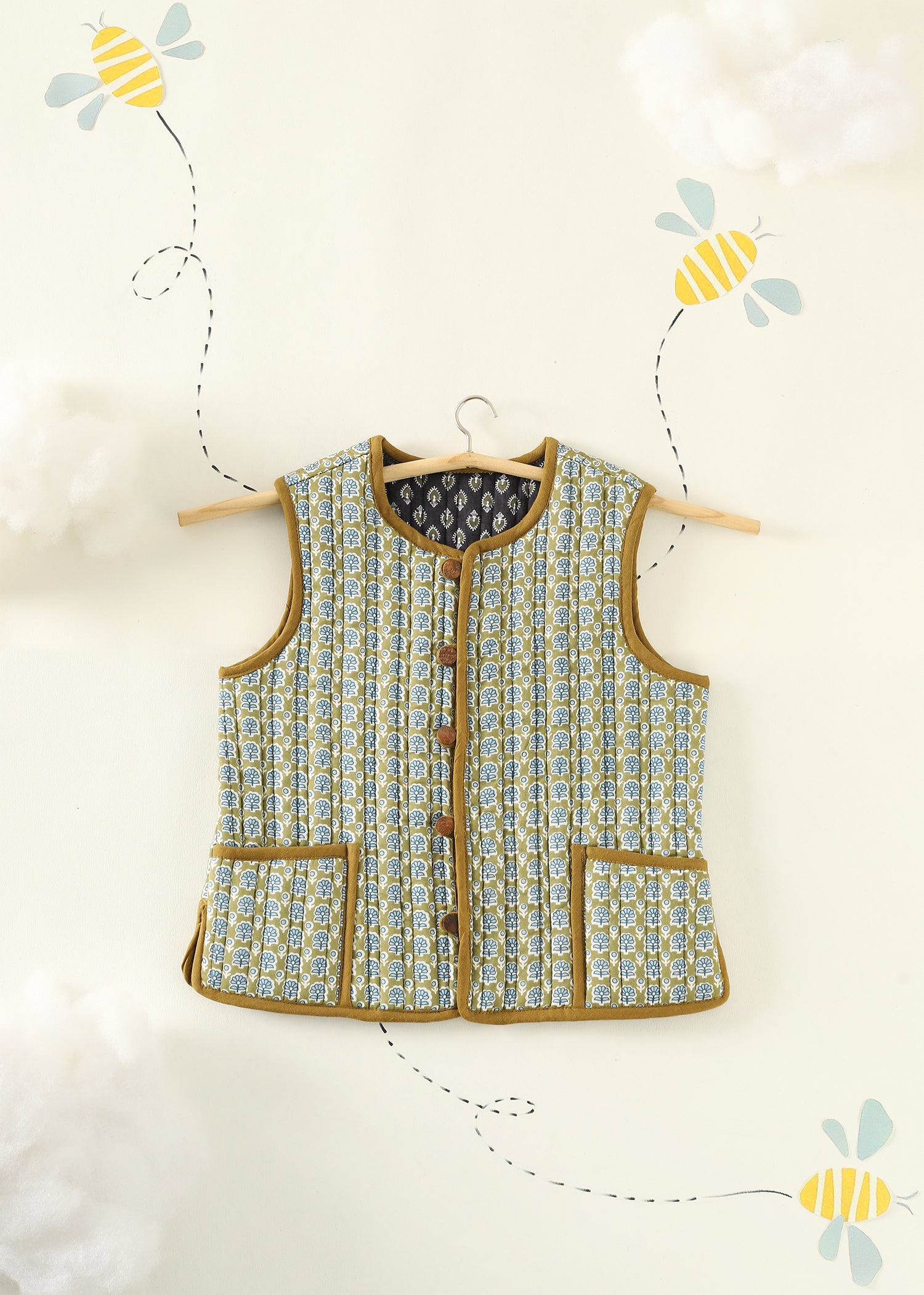 Olive-Navy Zinnia Quilted Cotton Reversible Bundi Jacket Unisex (1-7 Years) Ratan Texprocess Pvt. Ltd