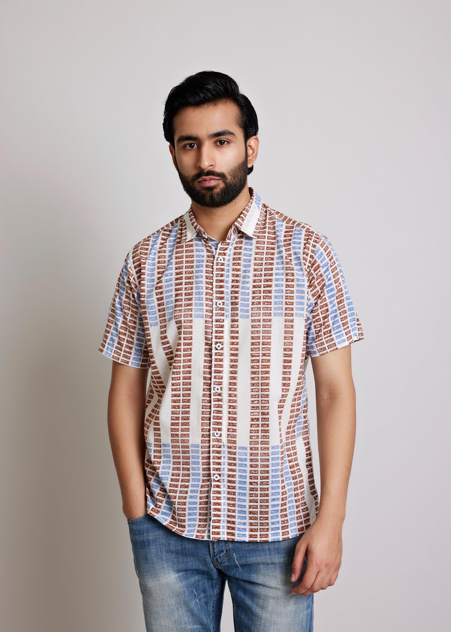 Blue & Brown Regular Cotton Half Sleeve Shirt Ratan Texprocess Pvt. Ltd