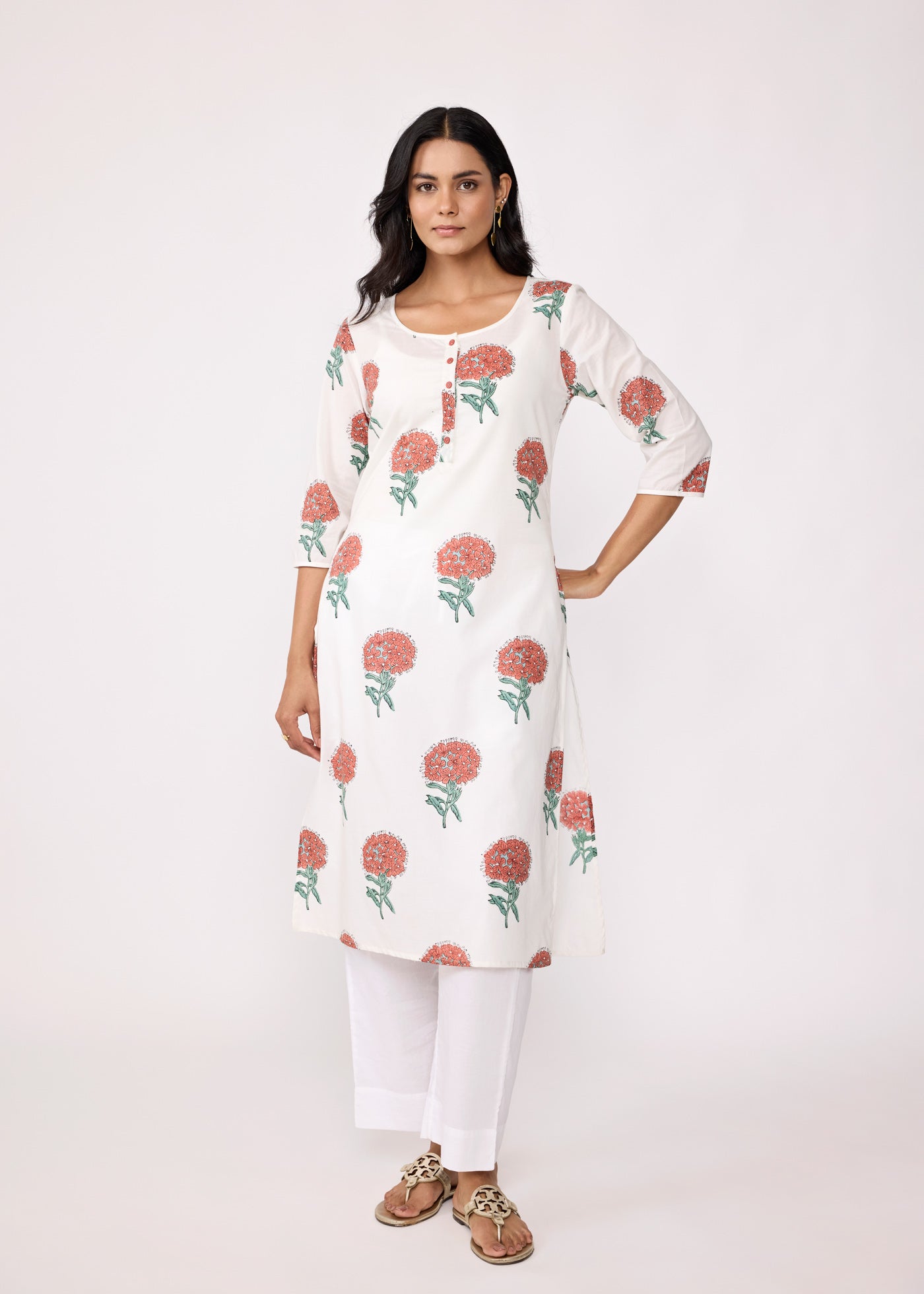 Deep Neck Raagini Kurta - White/Rust