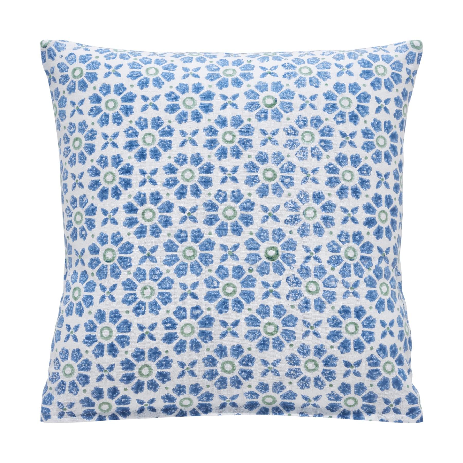 Floral Harmony Blue & Green Hand Block Print Cotton Cushion Cover Ratan Texprocess Pvt. Ltd