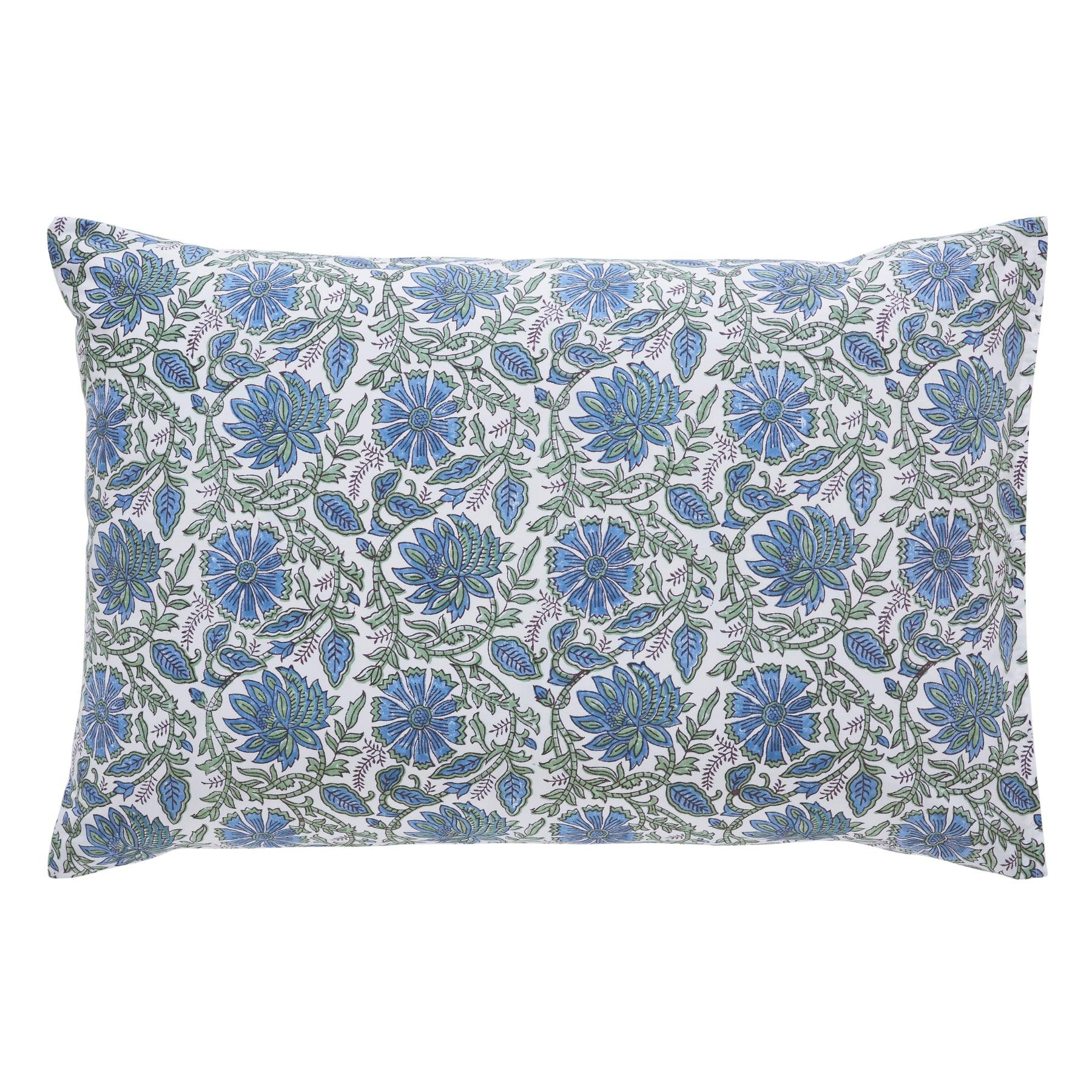 Floral Harmony Blue & Green Hand Block Print Cotton Pillow Cover Ratan Texprocess Pvt. Ltd