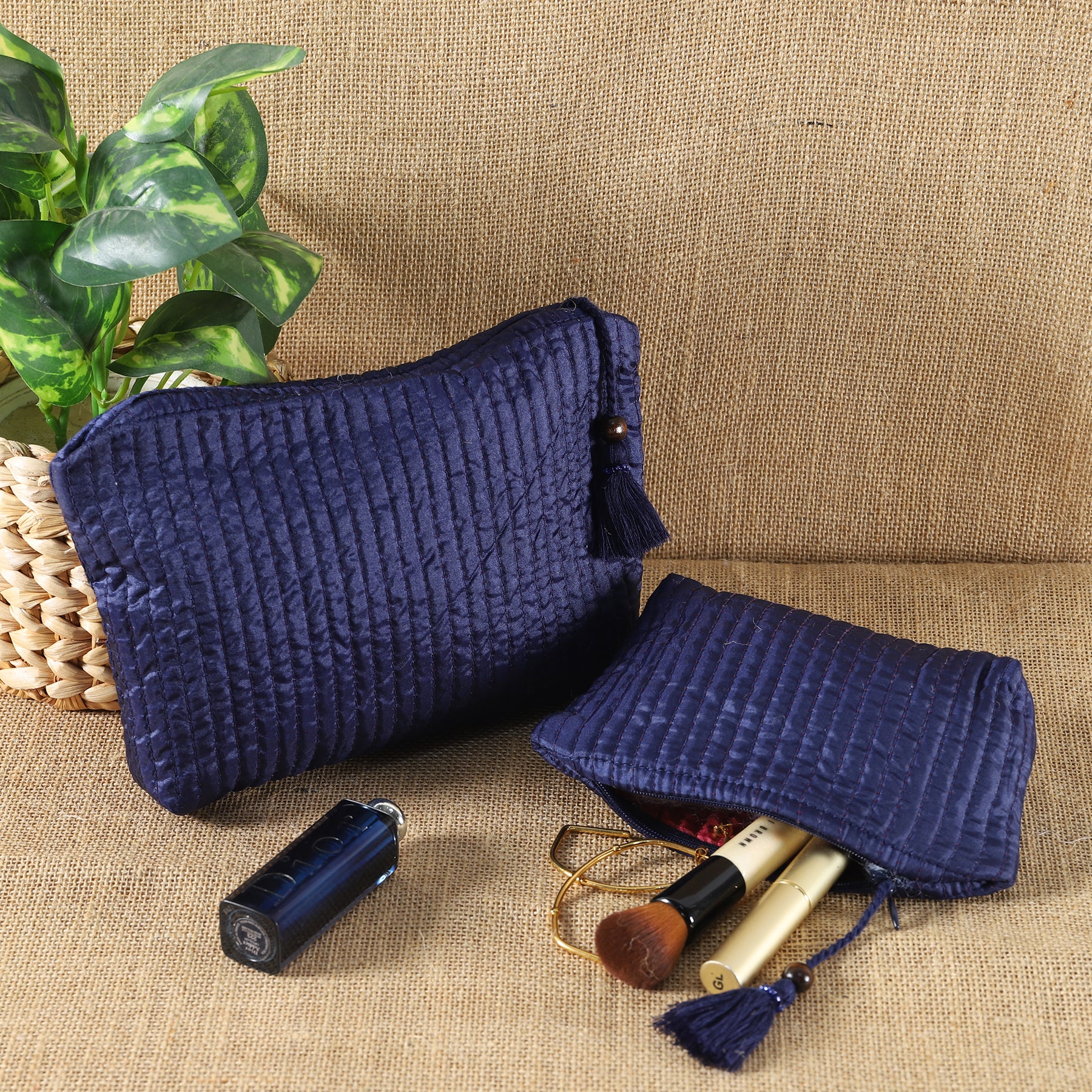 Blue Quilted Silk Trinket Pouch (Set of 2) Ratan Texprocess Pvt. Ltd