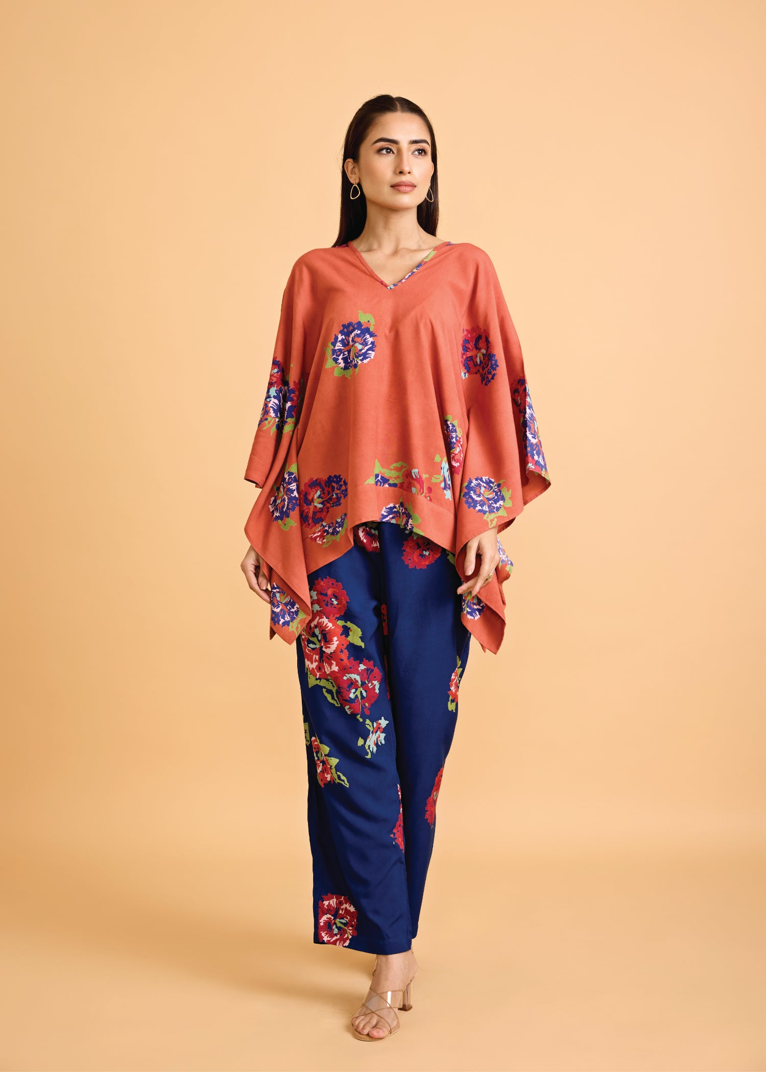 Dark Peach & Blue Loose Viscose V-Neck Kaftan Set Ratan Texprocess Pvt. Ltd