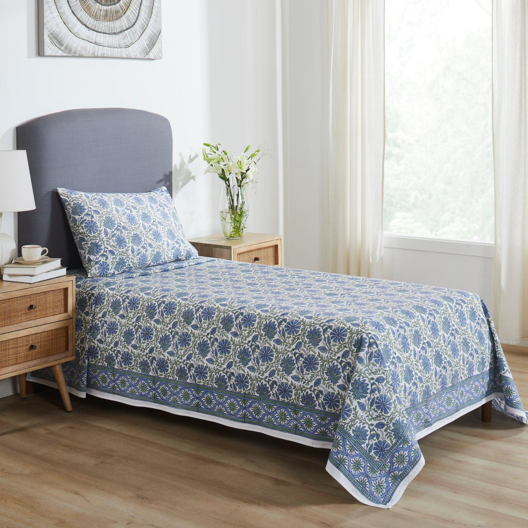 Floral Harmony Blue & Green Hand Block Printed Medium Cotton Bedcover Ratan Texprocess Pvt. Ltd