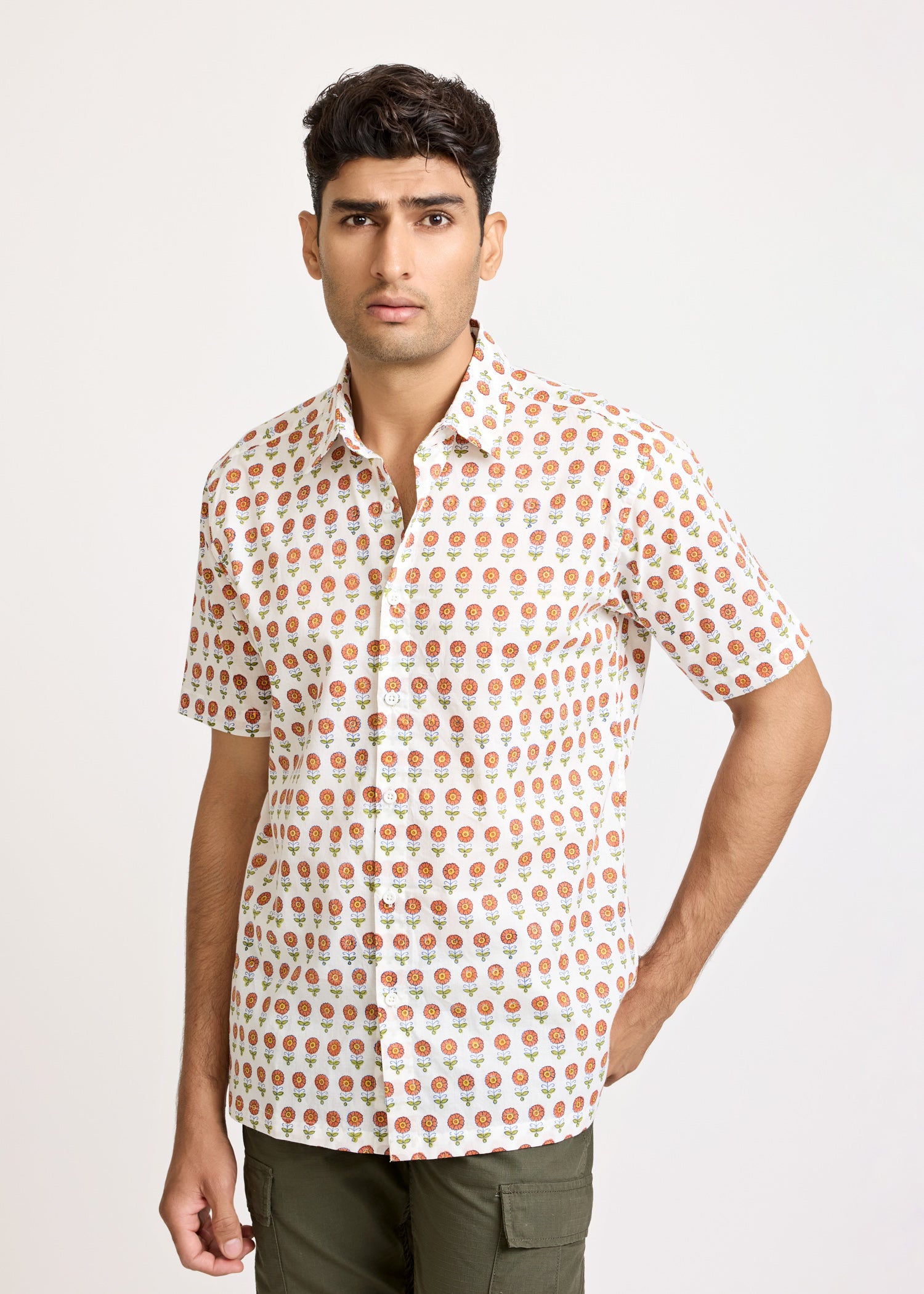 White & Orange Cotton Half Sleeve Shirt Ratan Texprocess Pvt. Ltd