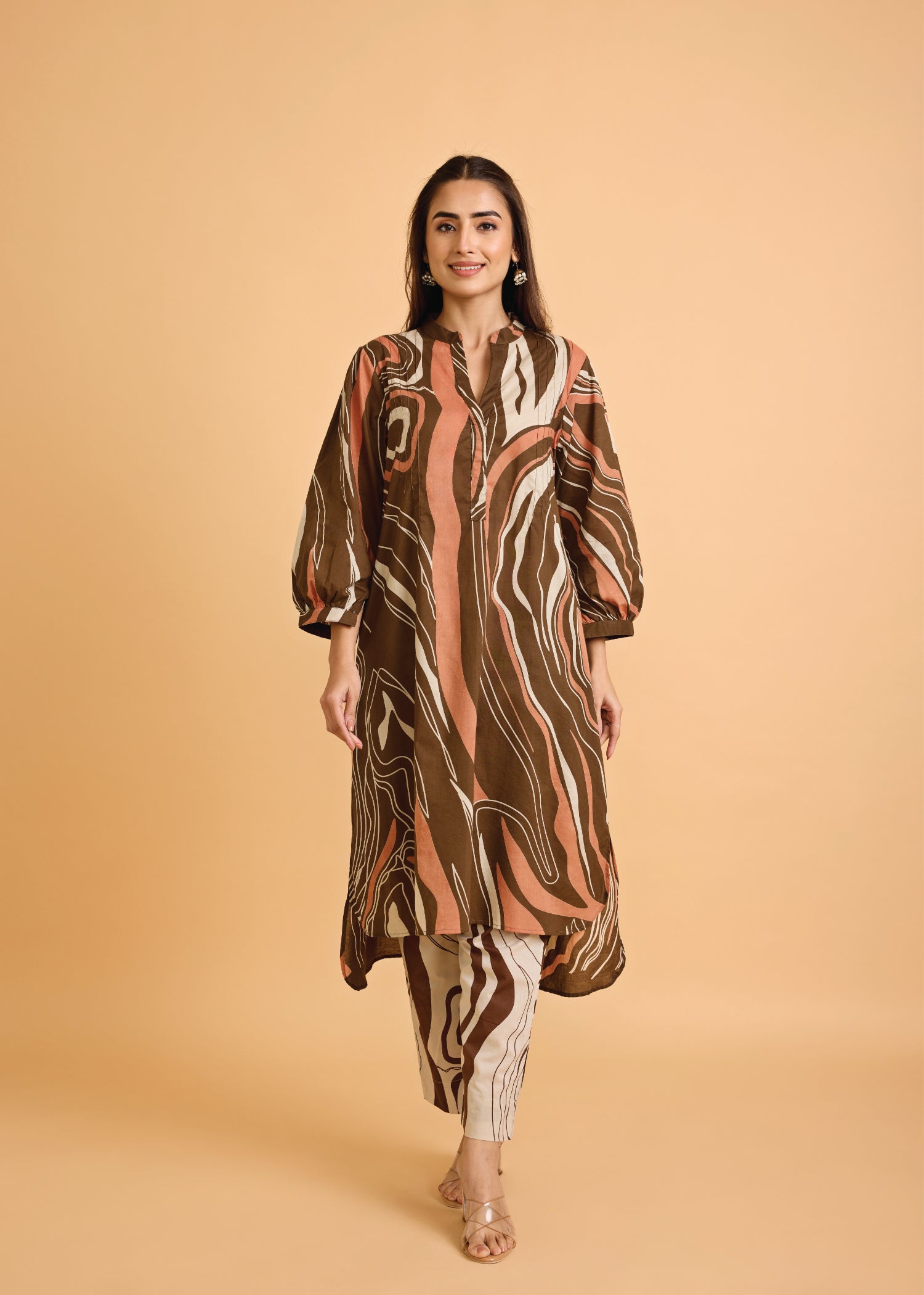 Brown Cotton High Low Hem Kurta Set