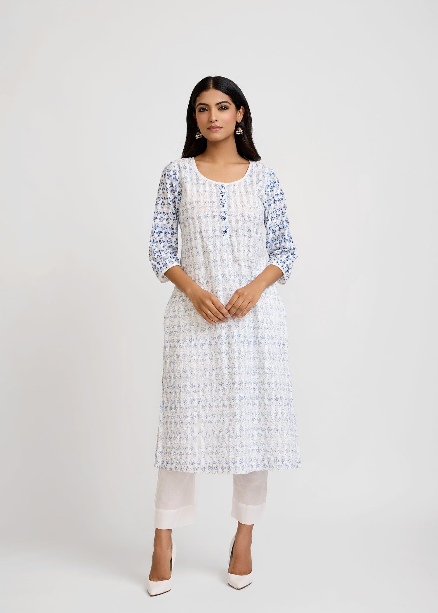 Raagini White & Blue Cotton Long Kurta Ratan Texprocess Pvt. Ltd