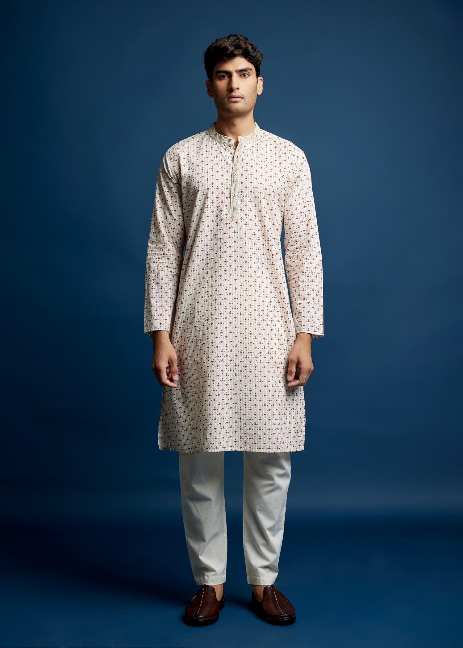 Men's Cotton Kurta Creme-Red