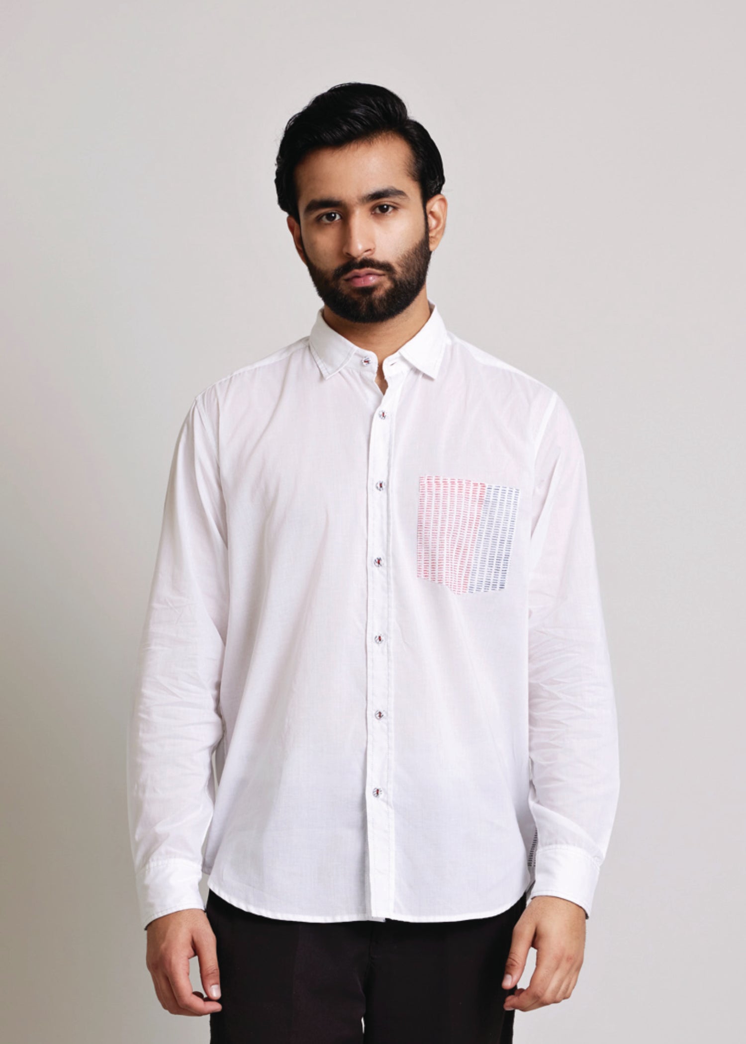 White Regular Cotton Dual Colour Dashes Full Sleeve Shirt Ratan Texprocess Pvt. Ltd