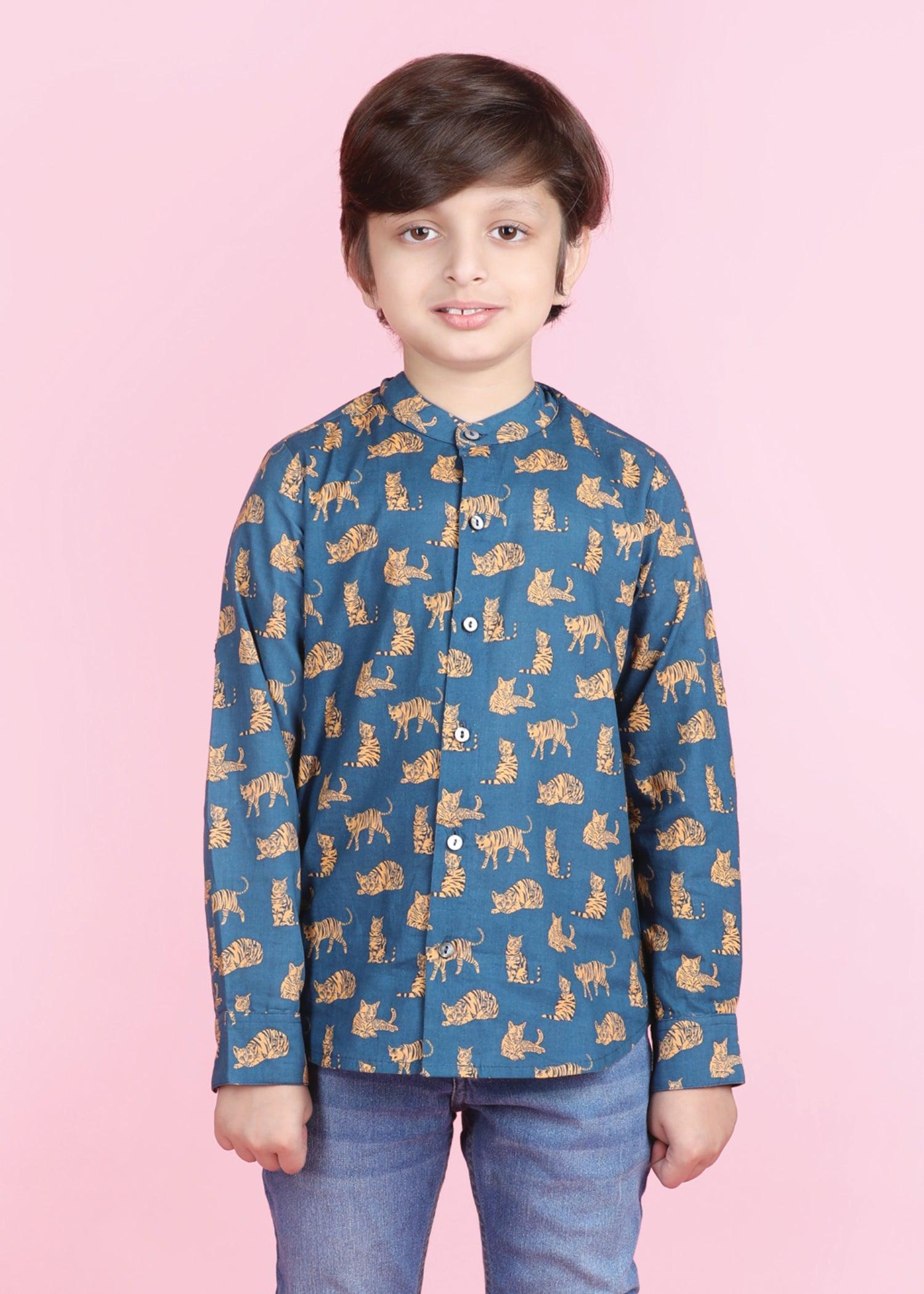 Cat Teal Cotton Full Sleeves Shirt Boy (6 Months -12 Years) Ratan Texprocess Pvt. Ltd