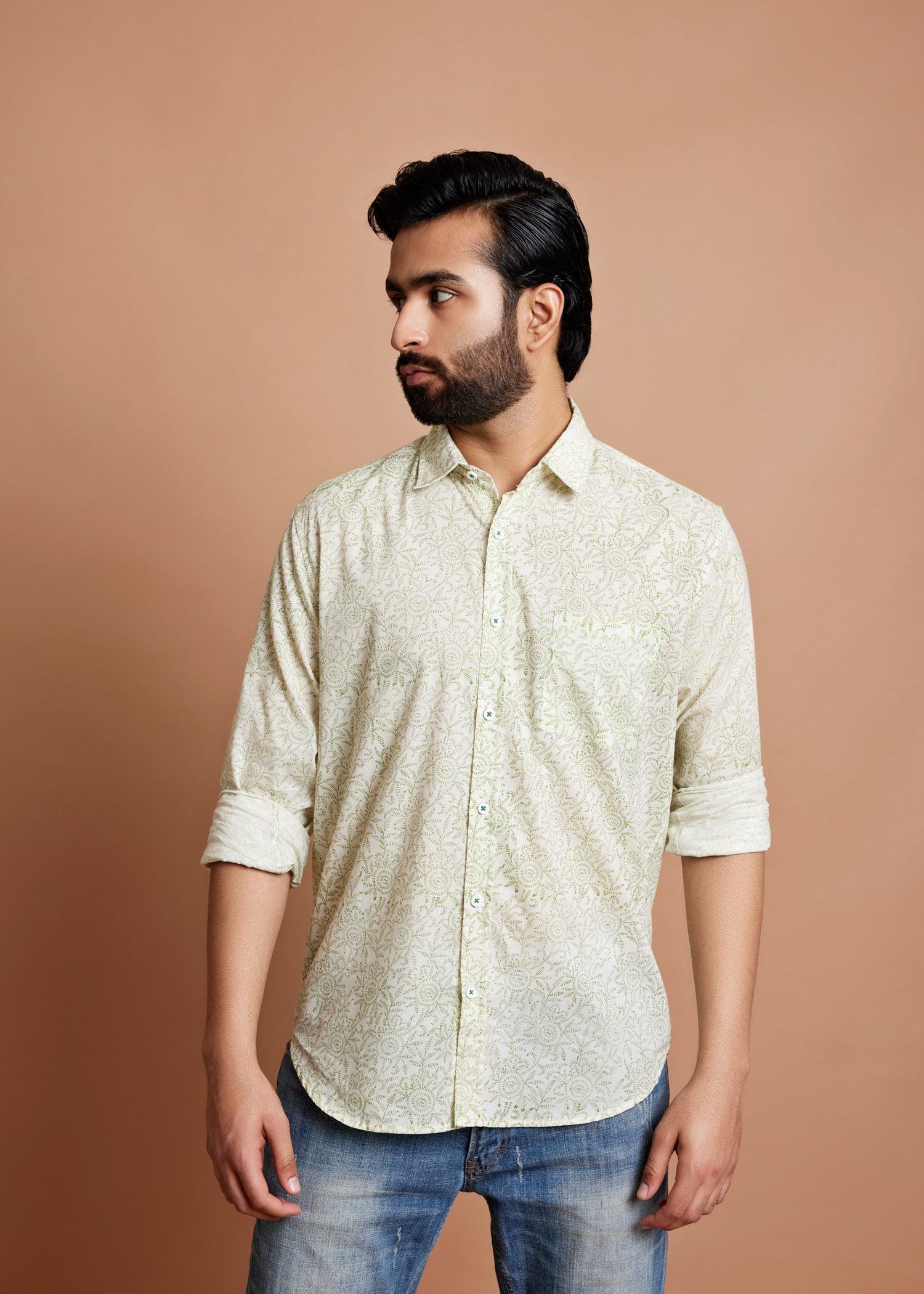 Crème Green Regular Cotton Full Sleeve Shirt Ratan Texprocess Pvt. Ltd