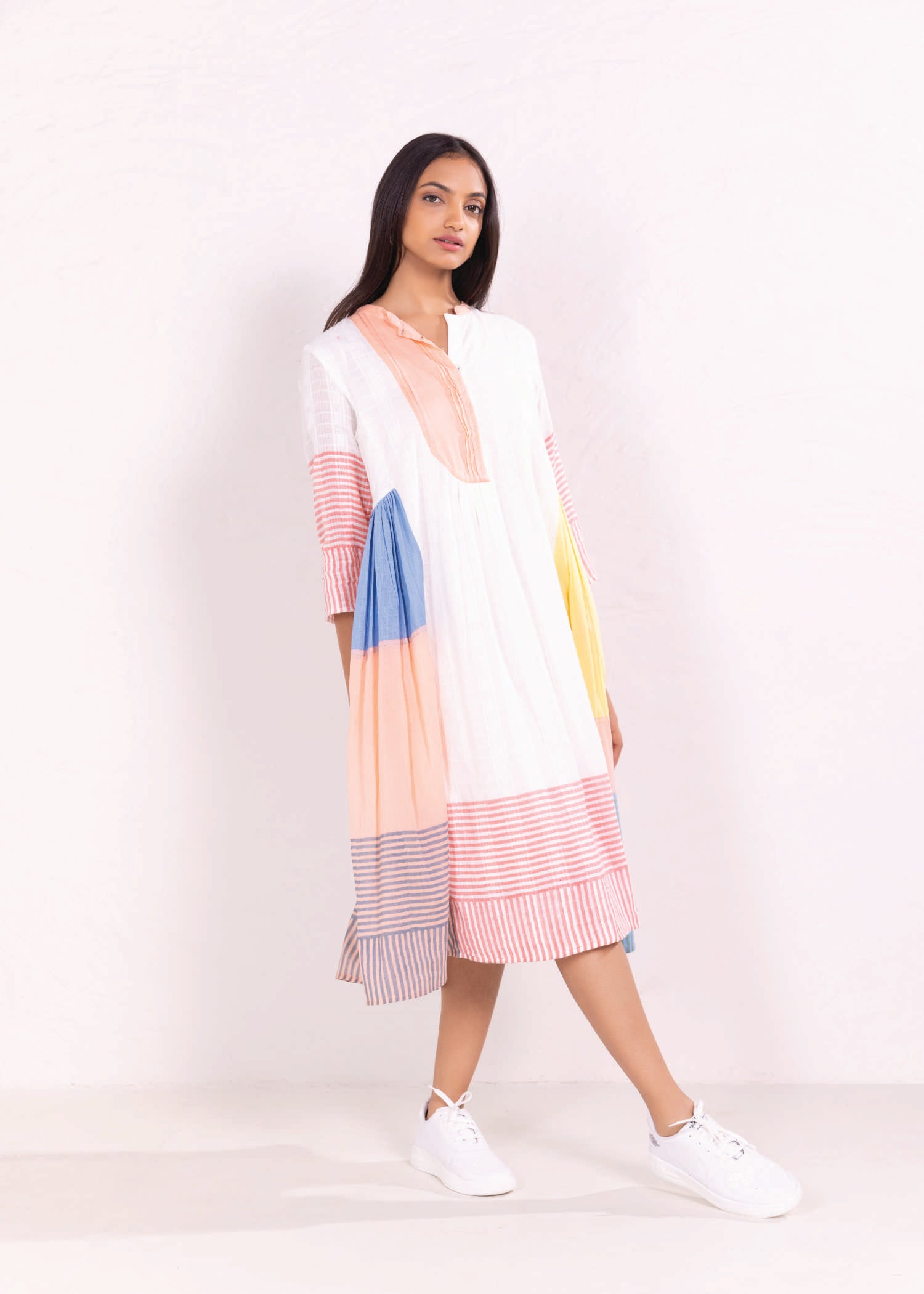 Multi Stripes Loose Cotton Drift Gather Dress Ratan Texprocess Pvt. Ltd