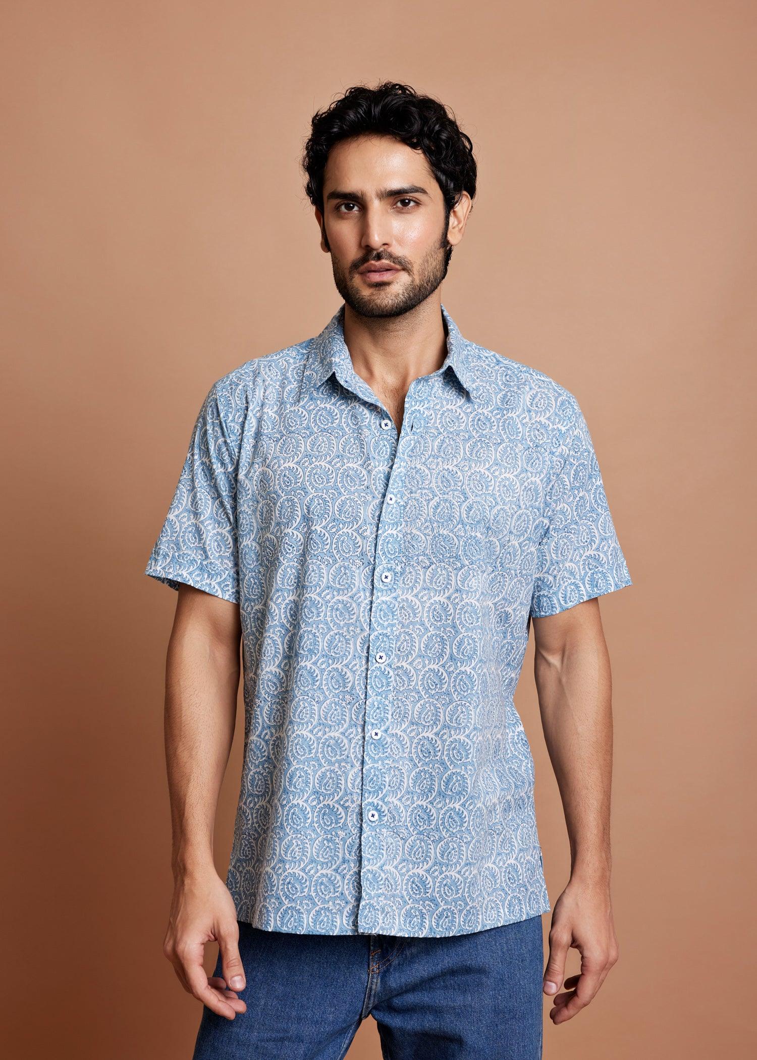 White & Stone Blue Regular Cotton Half Sleeve Shirt Ratan Texprocess Pvt. Ltd