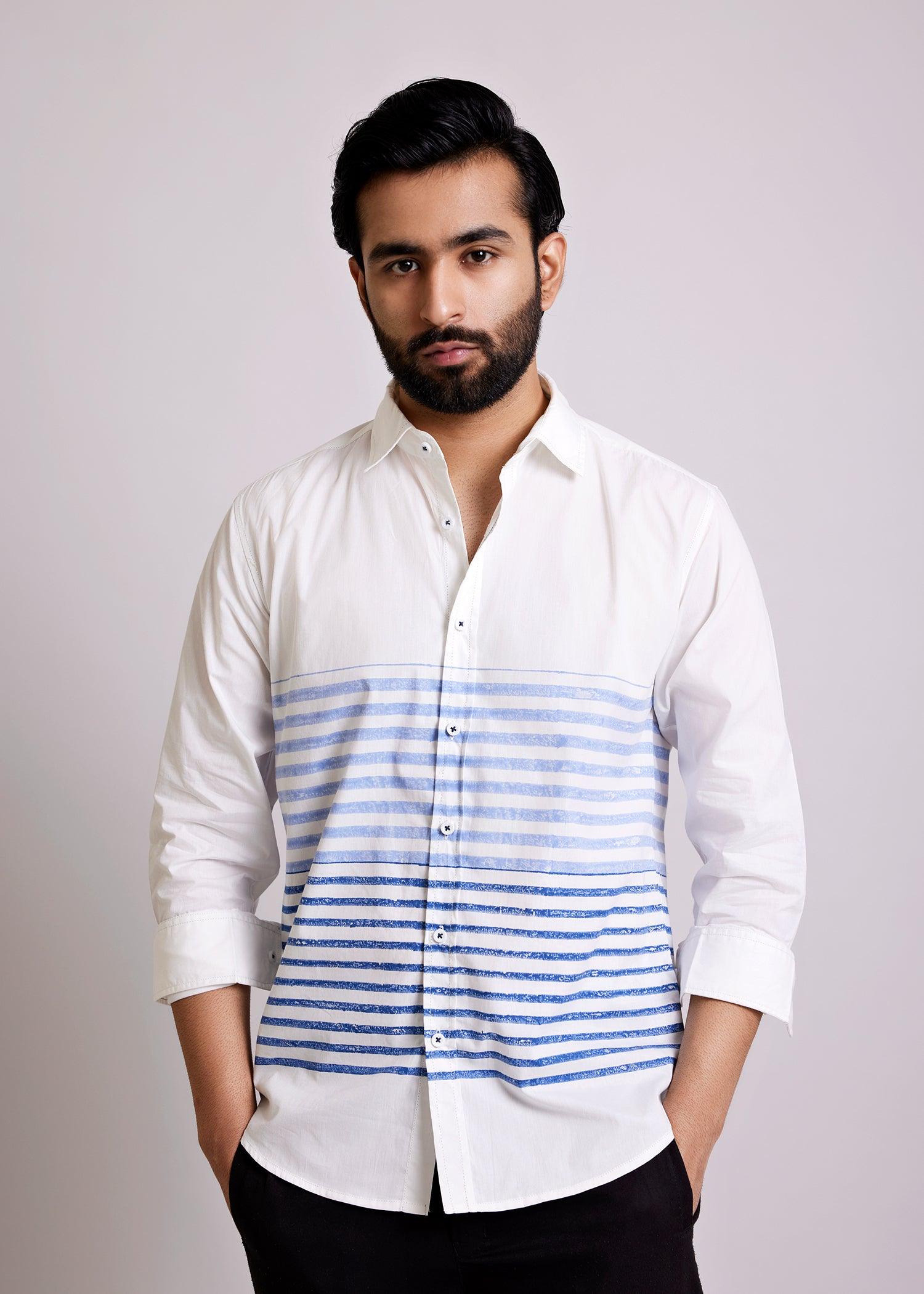 White & Blue Regular Cotton Full Sleeve Shirt Ratan Texprocess Pvt. Ltd