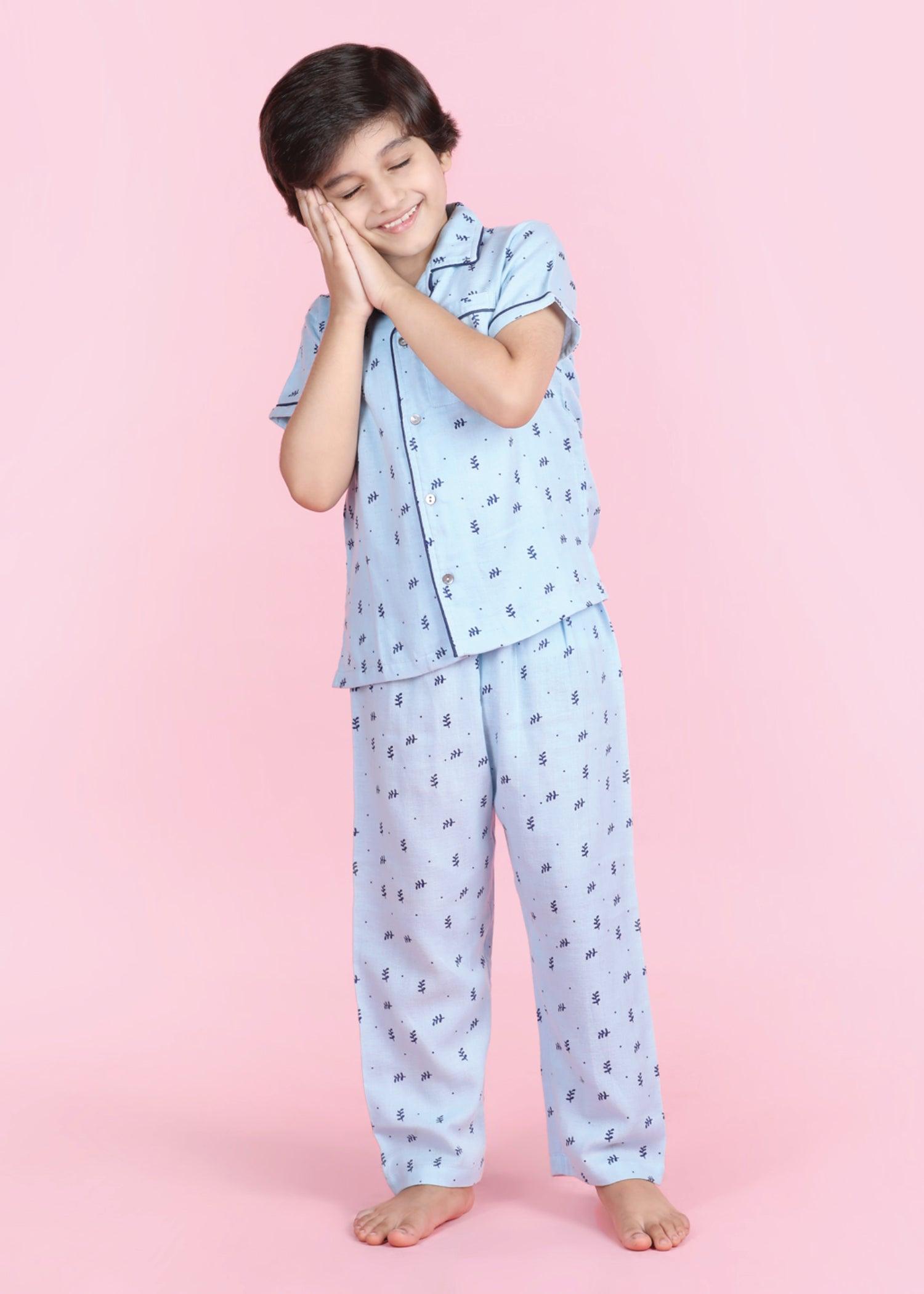 Leaf Sky Blue Half Sleeves Cotton Nighsuit Boys (1-12 Years) Ratan Texprocess Pvt. Ltd