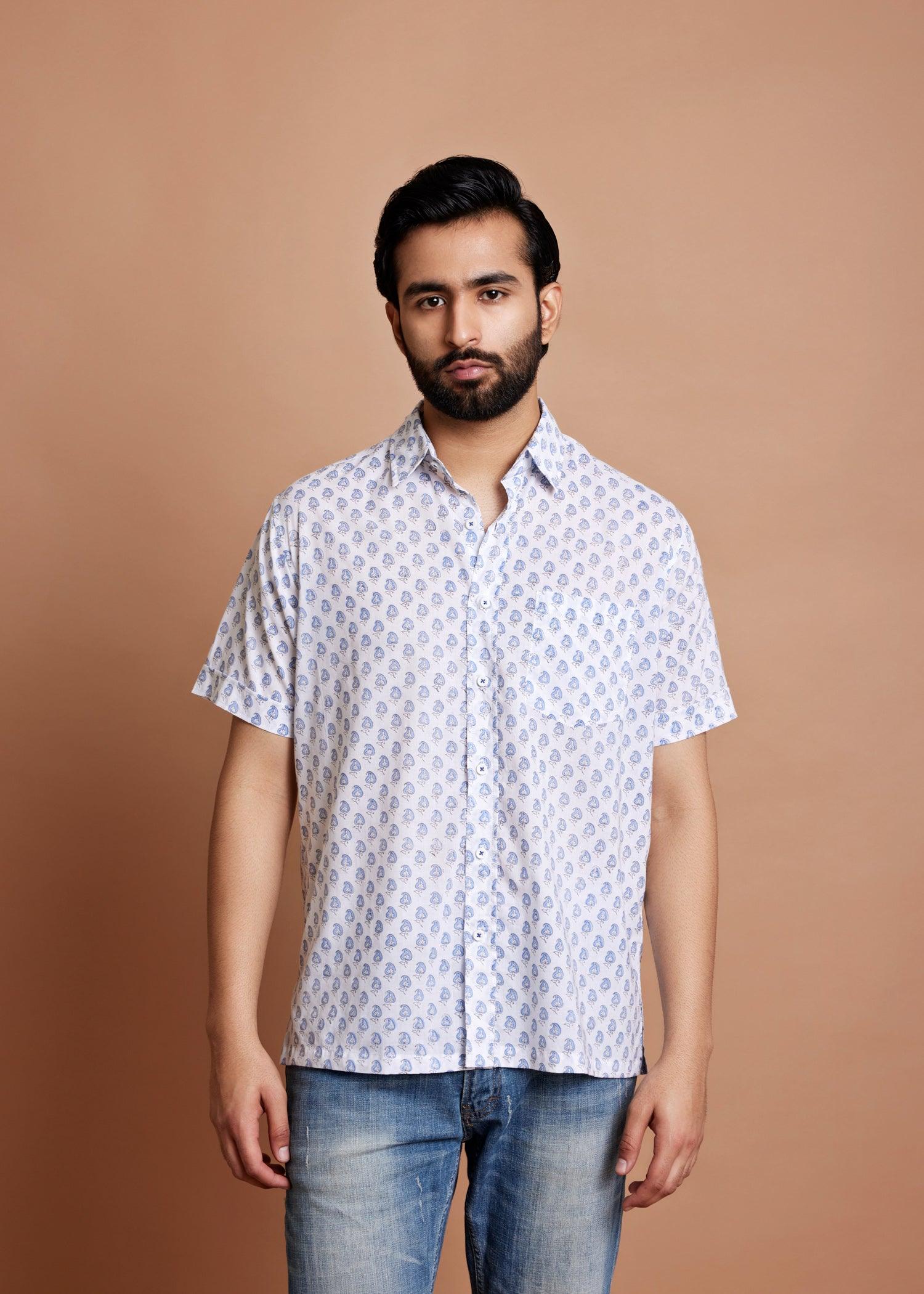 White & Moonlight Blue Regular Cotton Half Sleeve Shirt Ratan Texprocess Pvt. Ltd