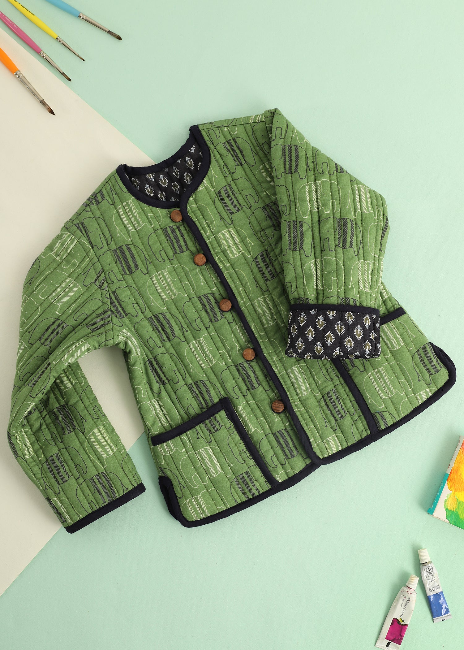 Olive Elephant Quilted Cotton Reversible Coat Unisex (0-7 Years) Ratan Jaipur