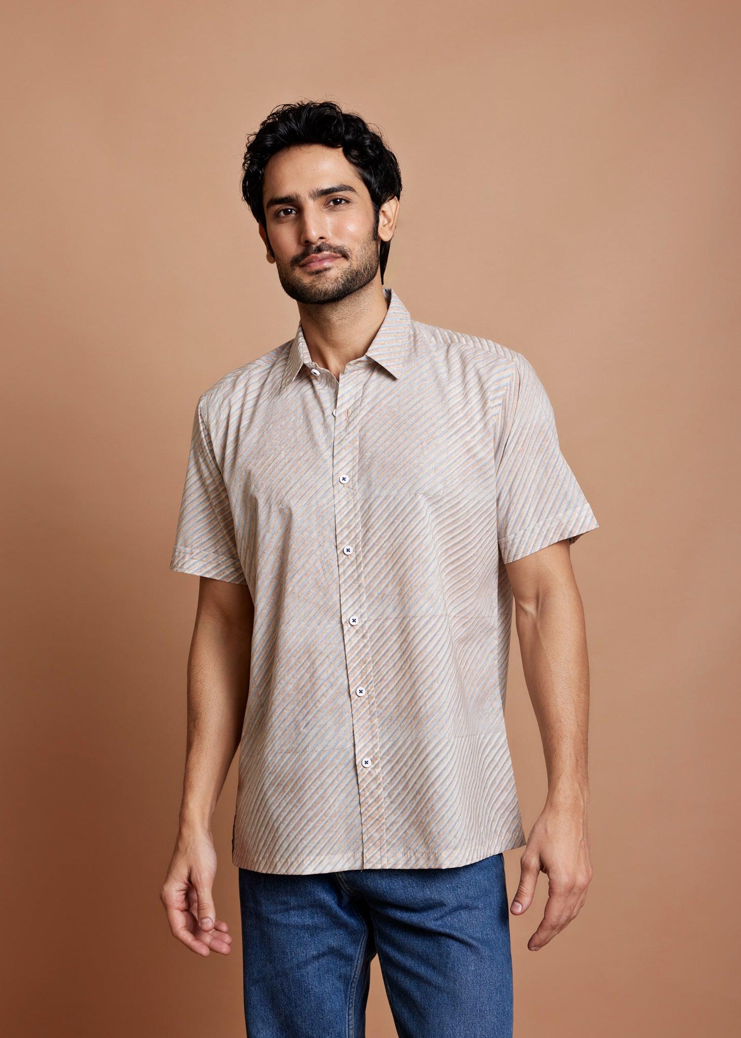 Crème Blue & Brown Regular Cotton Half Sleeve Shirt Ratan Texprocess Pvt. Ltd