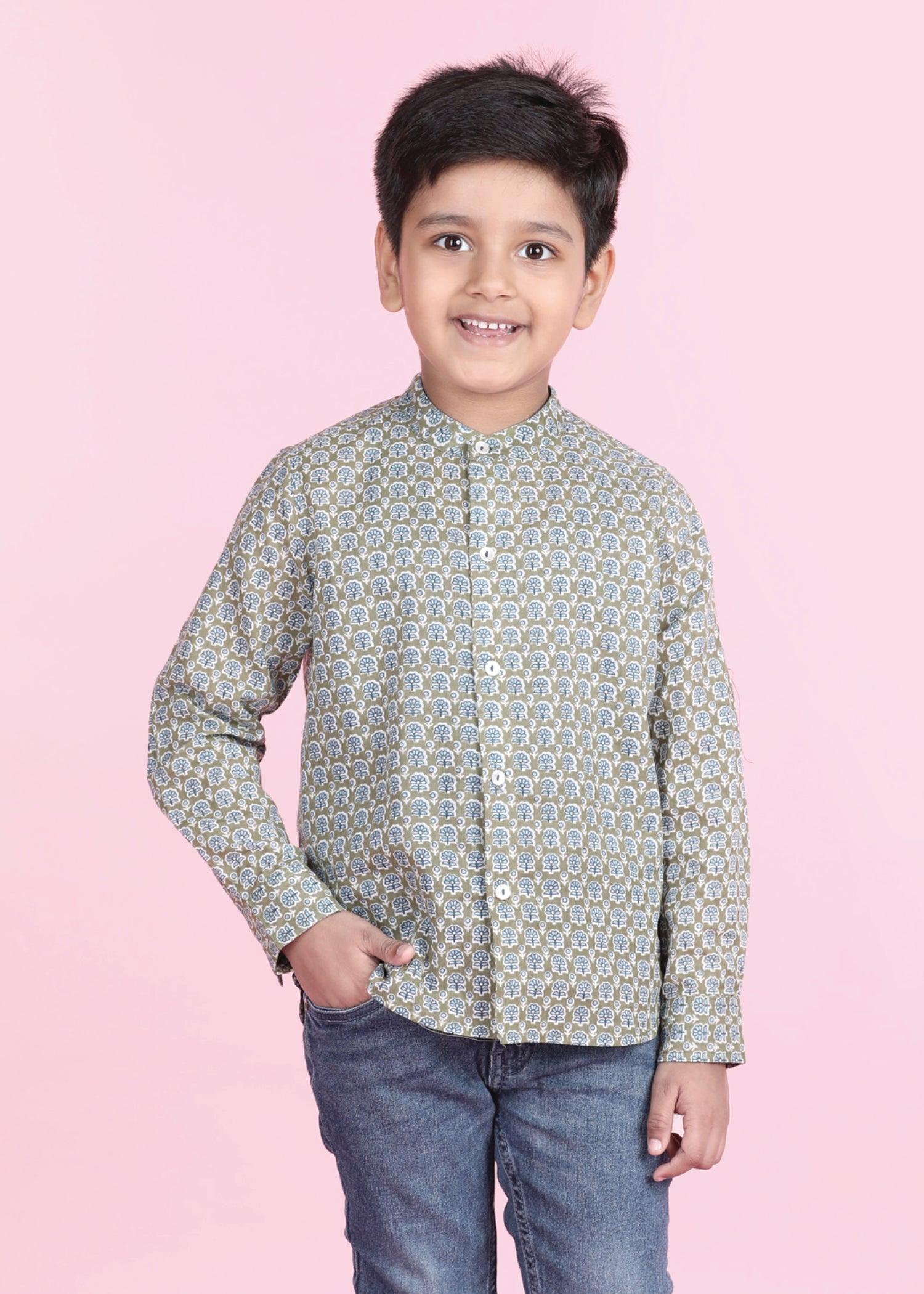 Zinnia Olive Green Cotton Full Sleeves Shirt Boy (6 Months -12 Years) Ratan Texprocess Pvt. Ltd