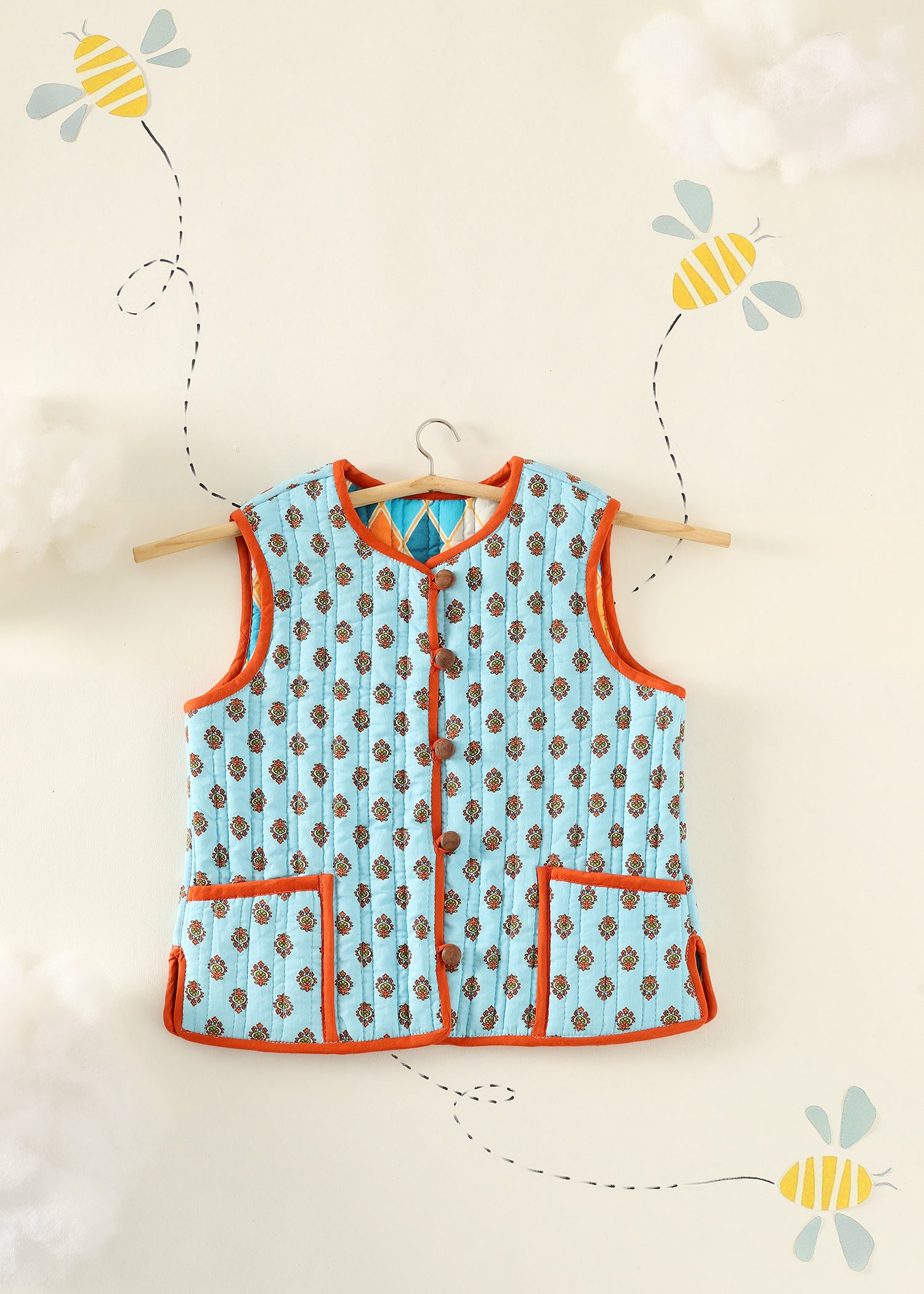 Blue Rhombus Quilted Cotton Reversible Bundi Jacket Unisex (1-7 Years) Ratan Texprocess Pvt. Ltd