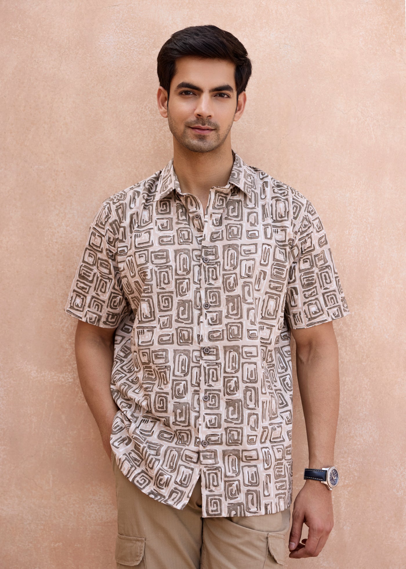 Half Sleeves Shirt-Beige/Brown