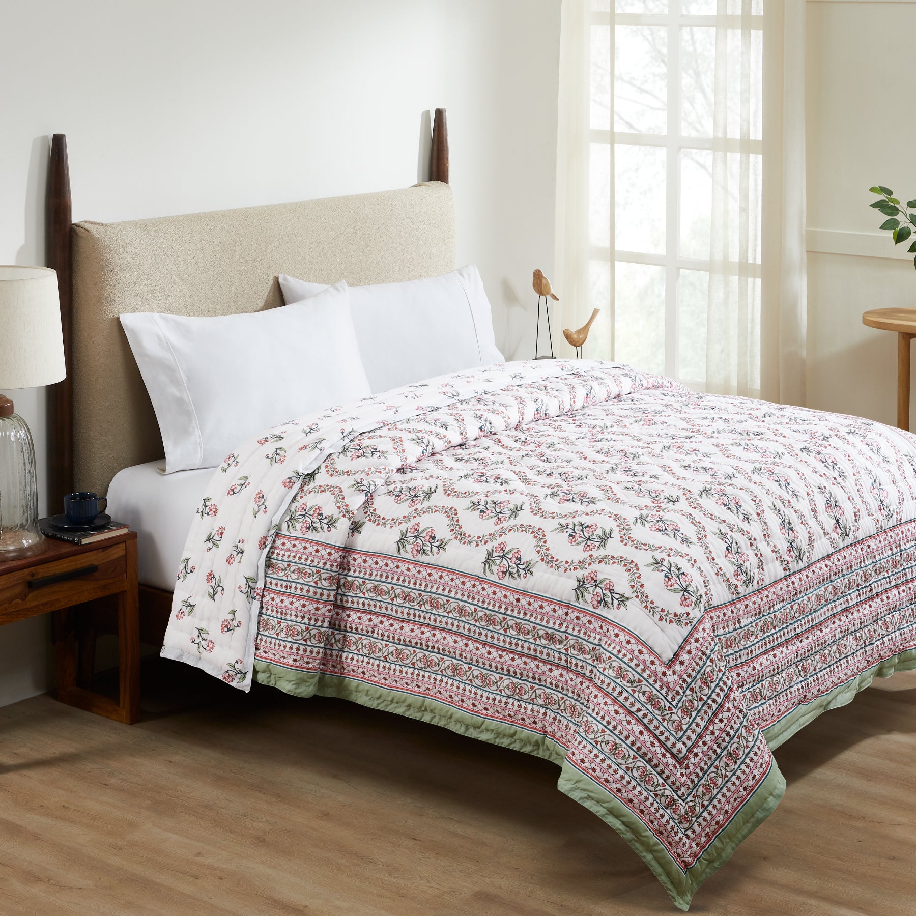 Saffron Pink-Green Cotton Quilt Ratan Texprocess Pvt. Ltd