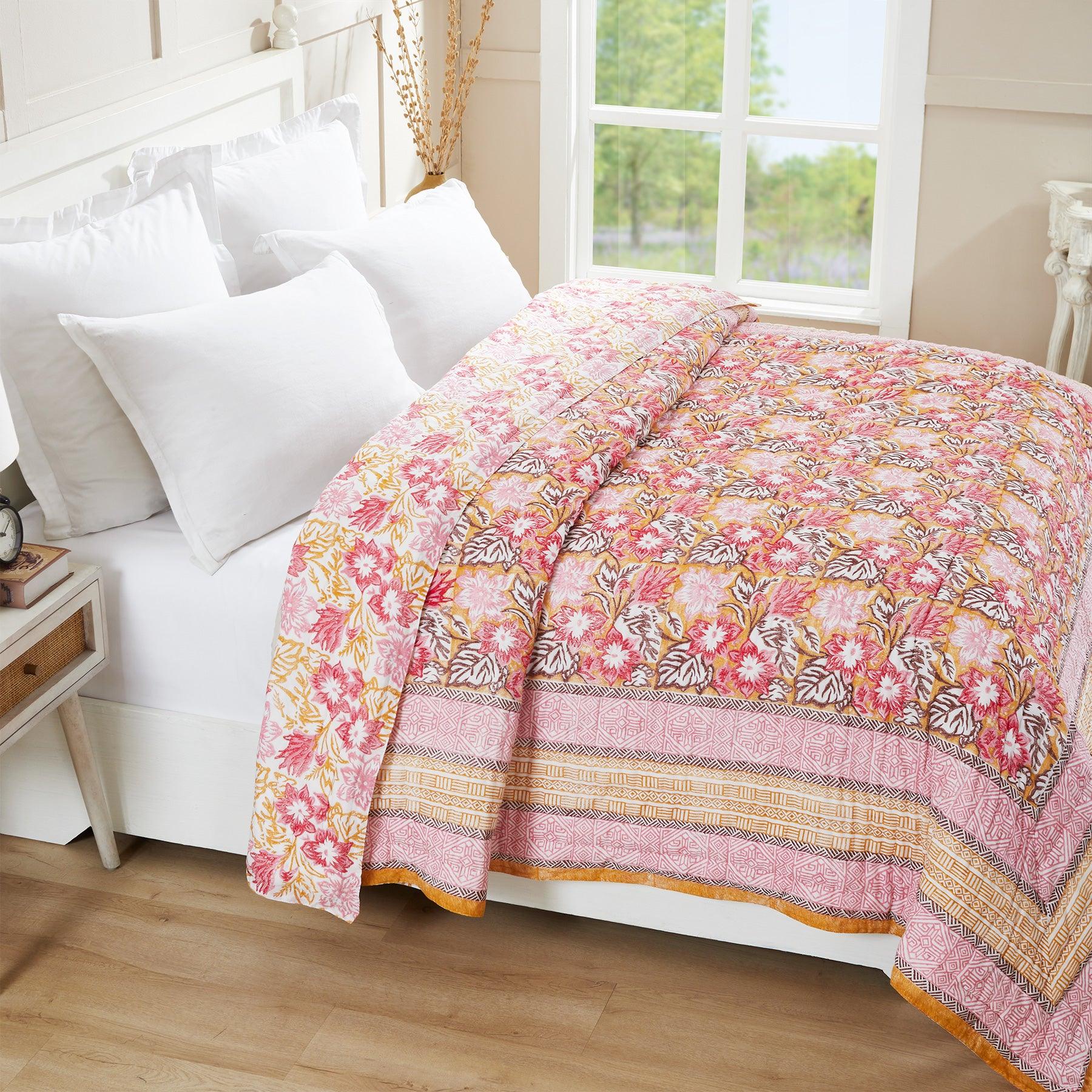 DIY Spring Mustard & Brown Hand Block Printed Cotton AC Quilt