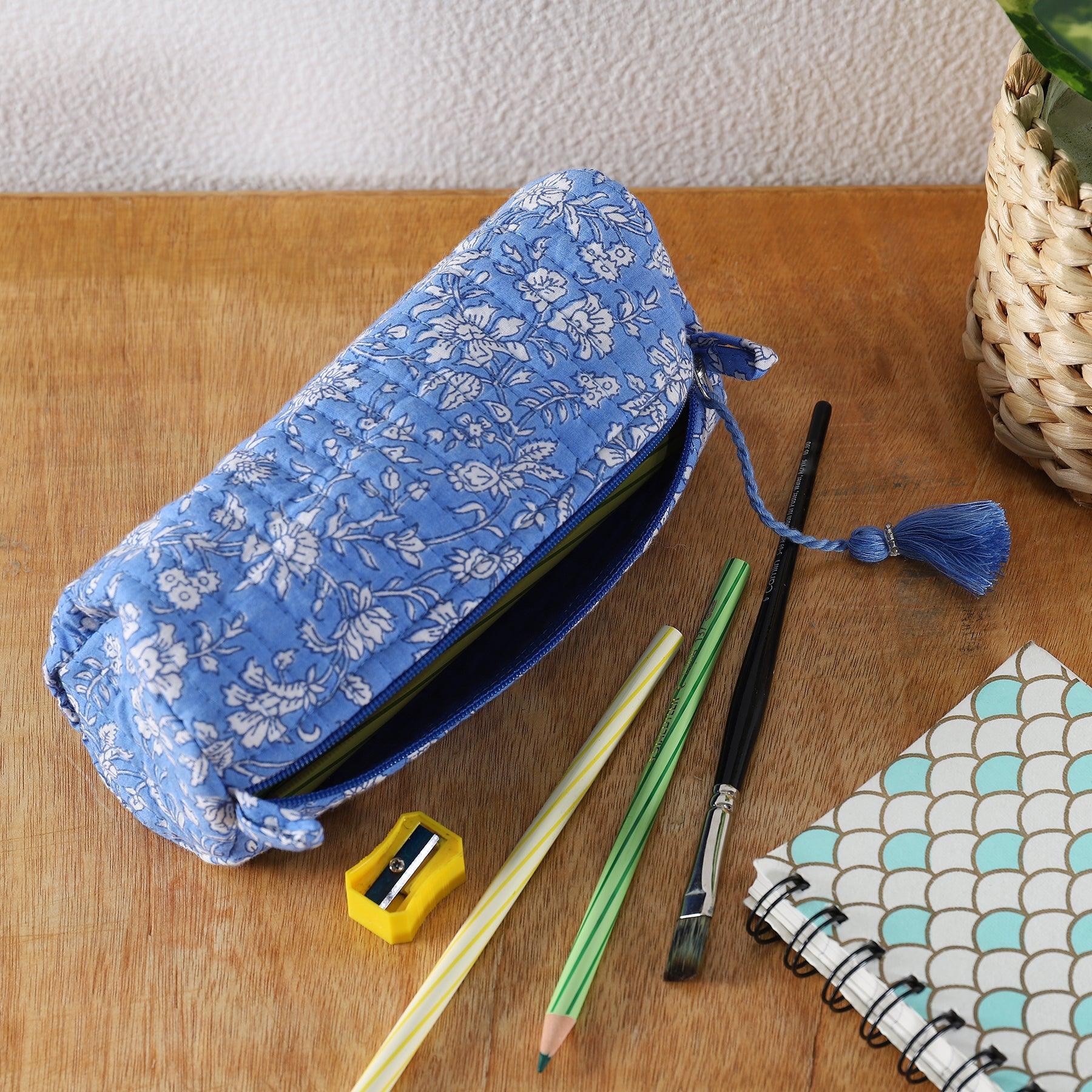 Jaal Blue Quilted Cotton Pencil Pouch Ratan Texprocess Pvt. Ltd