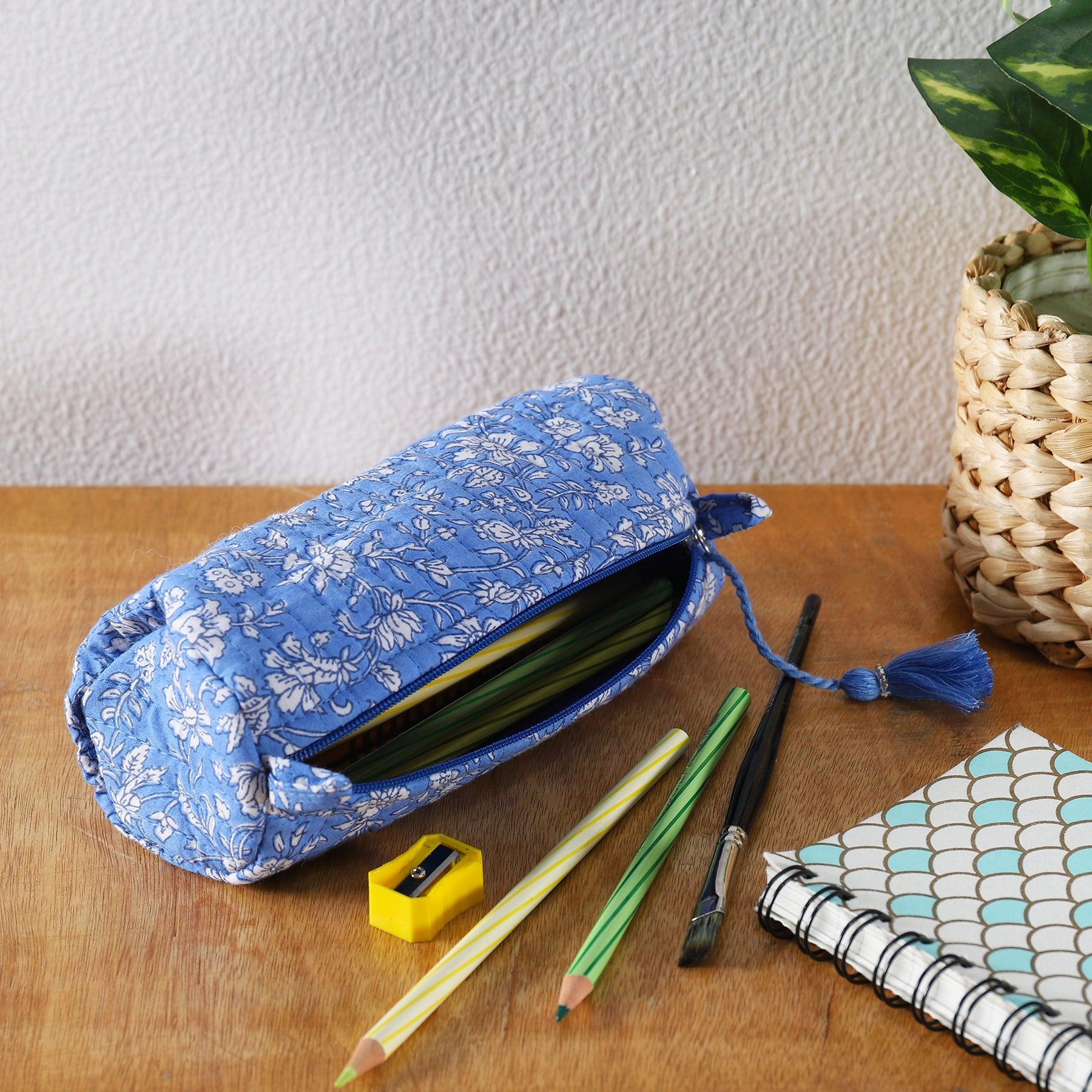 Jaal Blue Quilted Cotton Pencil Pouch Ratan Texprocess Pvt. Ltd