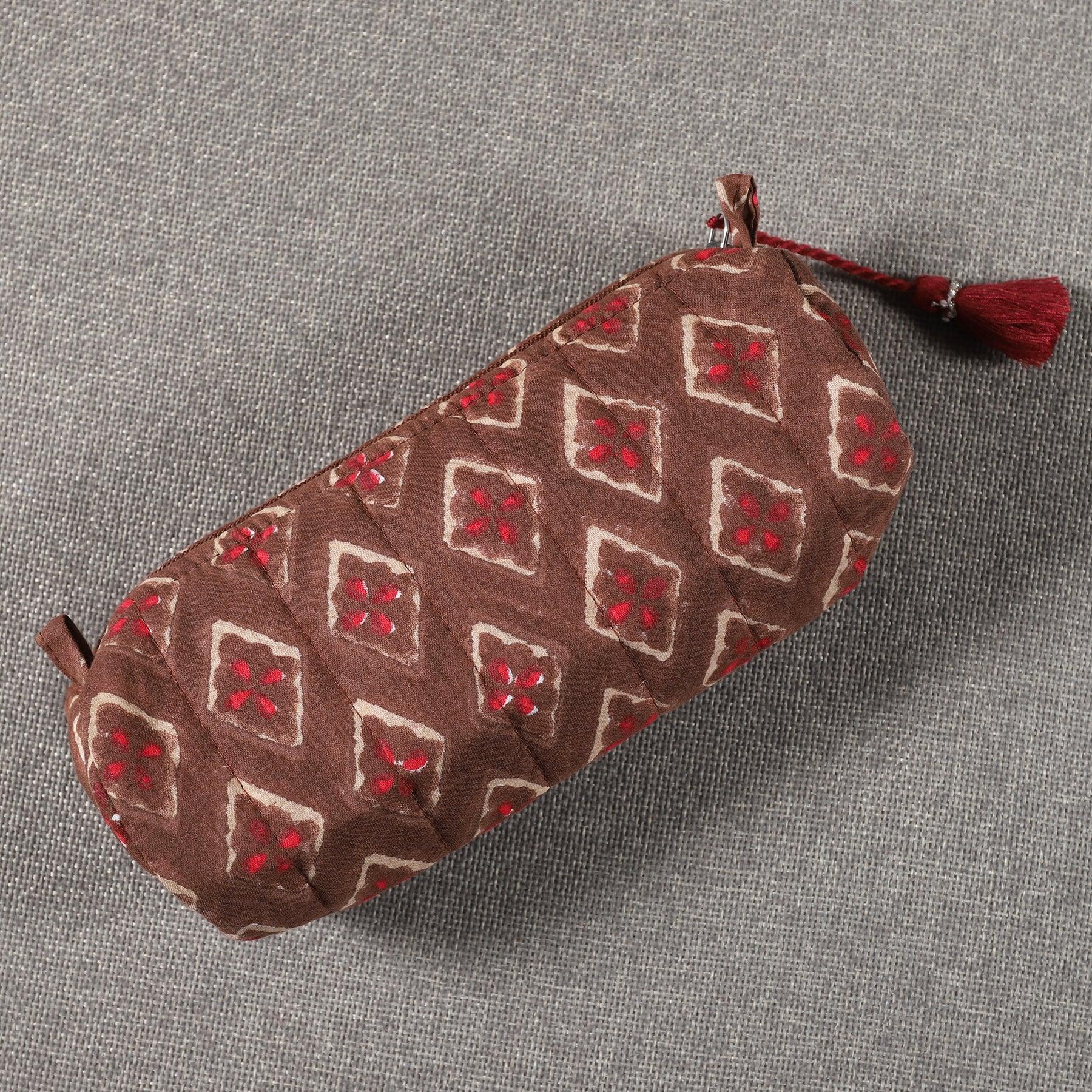 Buti Brown Quilted Cotton Pencil Pouch Ratan Texprocess Pvt. Ltd