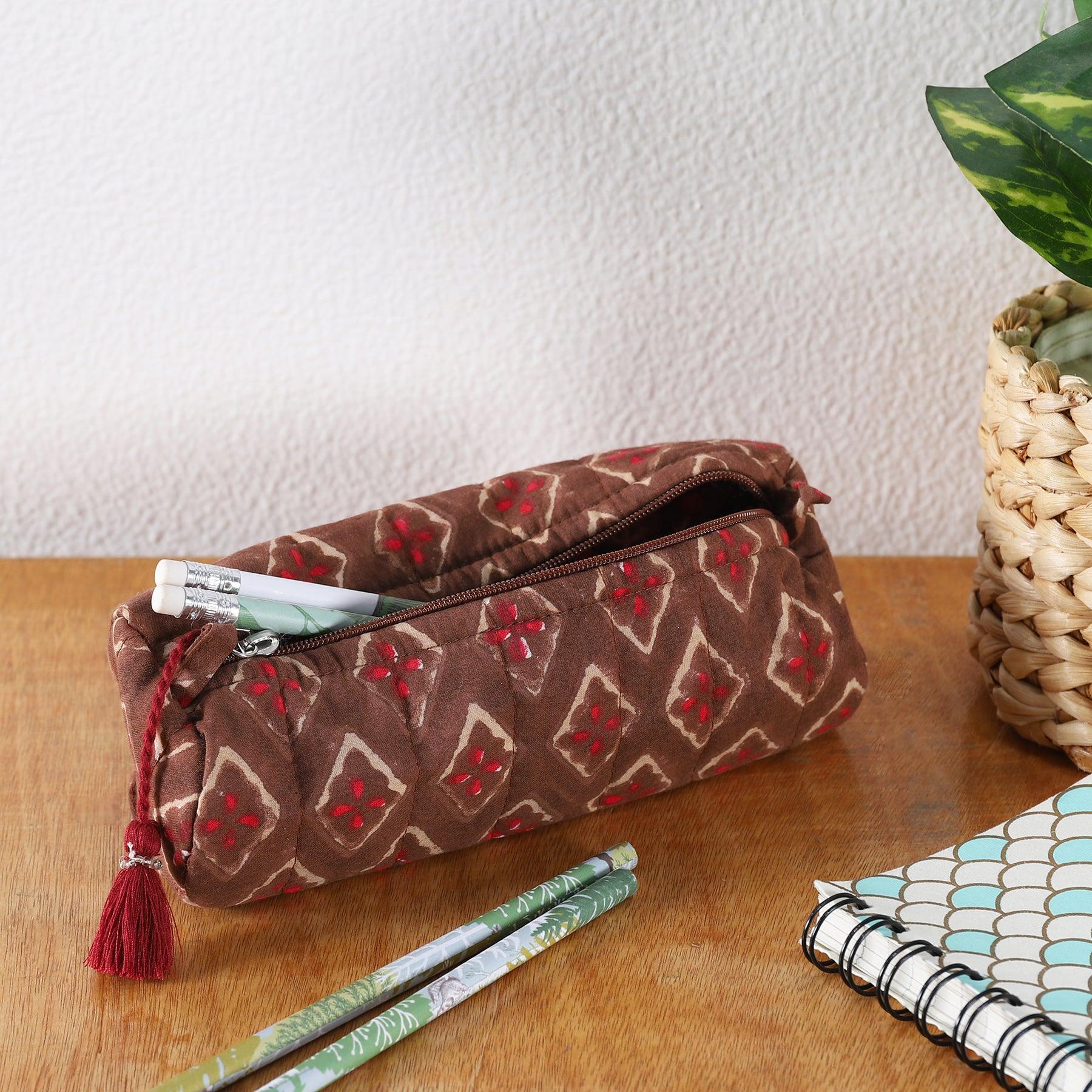 Buti Brown Quilted Cotton Pencil Pouch Ratan Texprocess Pvt. Ltd