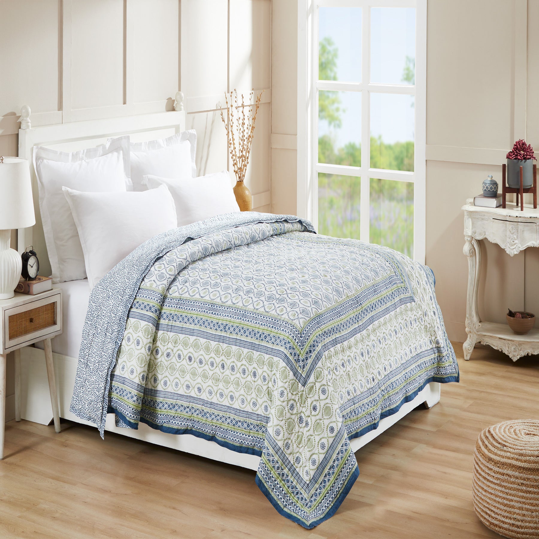 Ogee Blue & Green Hand Block Print Lightweight Cotton Quilt