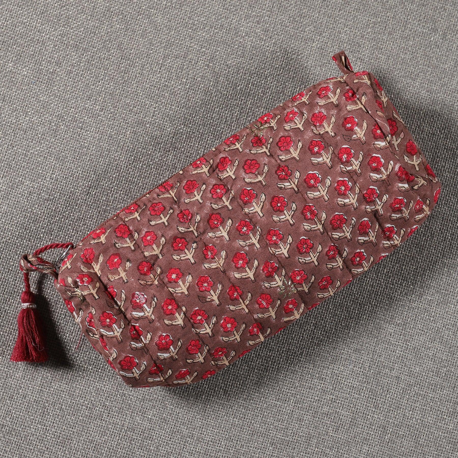 Small Buti Brown Quilted Cotton Pencil Pouch Ratan Texprocess Pvt. Ltd