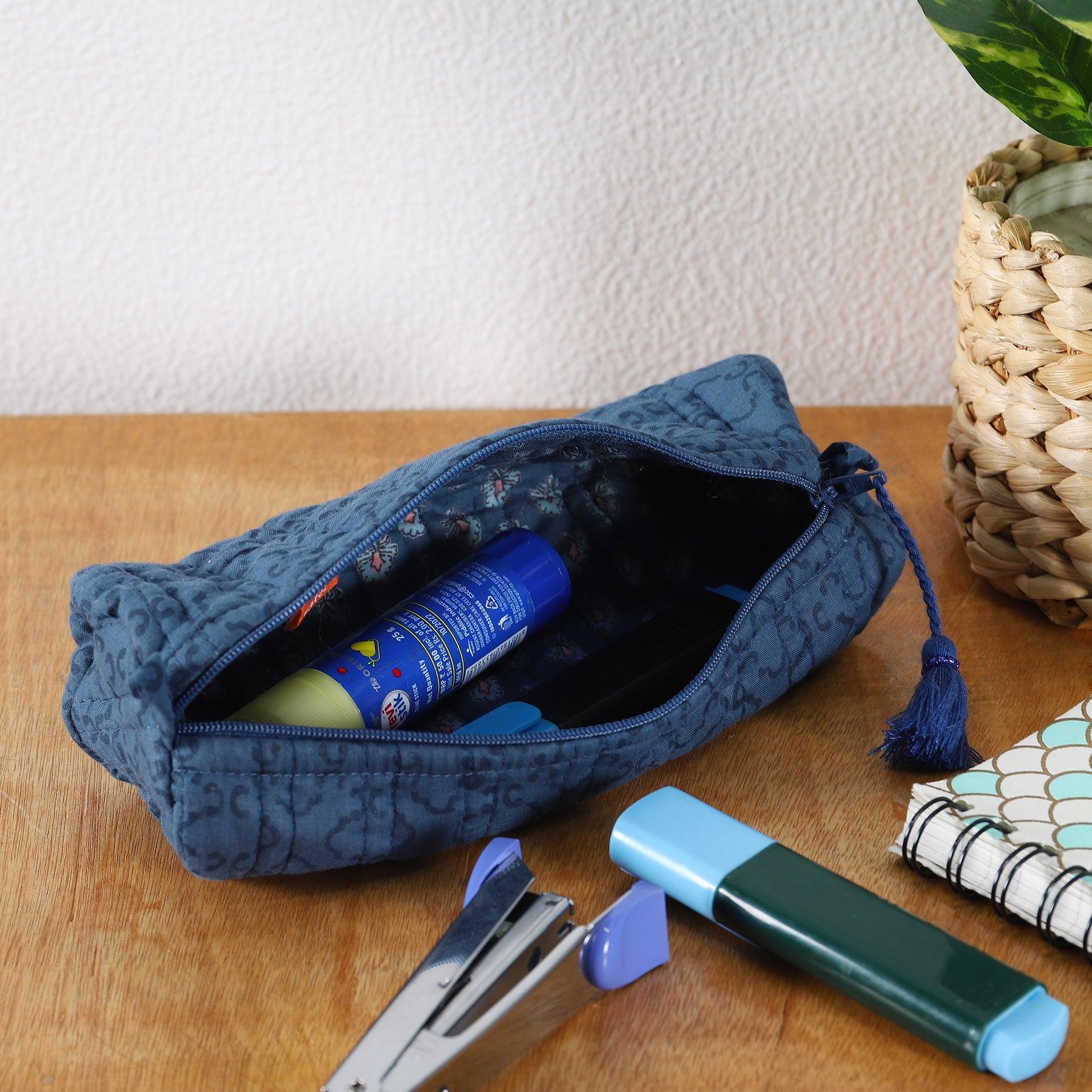 Bracket Blue Quilted Cotton Pencil Pouch Ratan Texprocess Pvt. Ltd