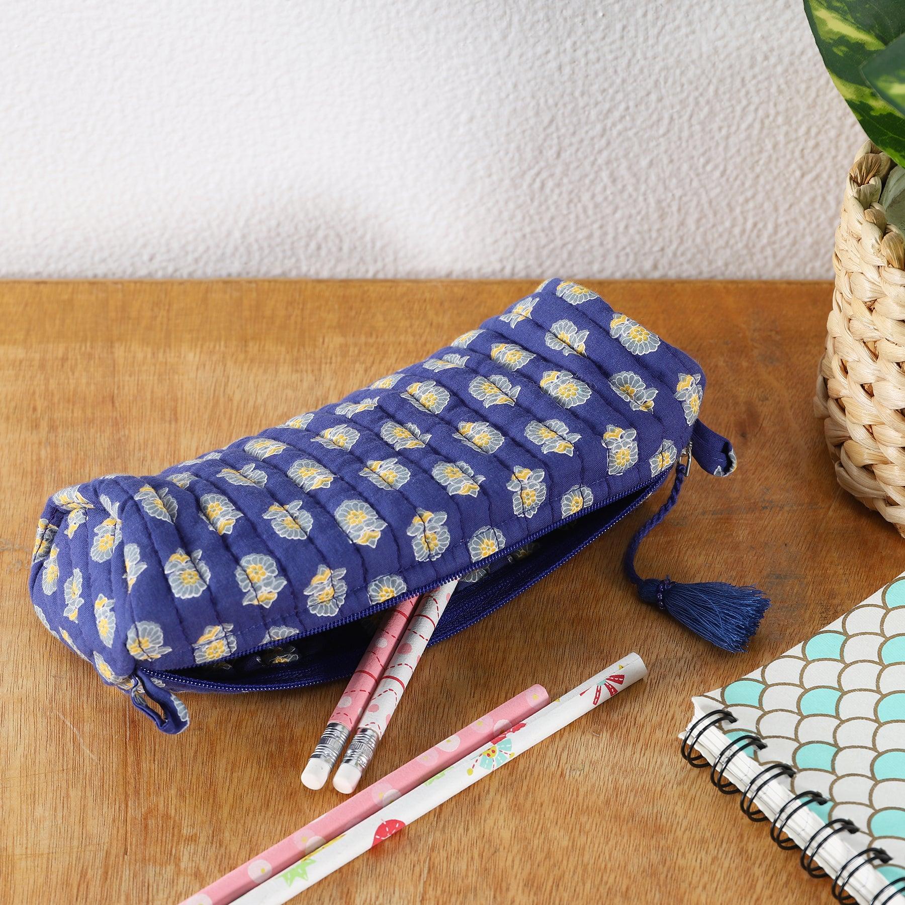 Mehar Buti Blue Quilted Cotton Pencil Pouch Ratan Texprocess Pvt. Ltd