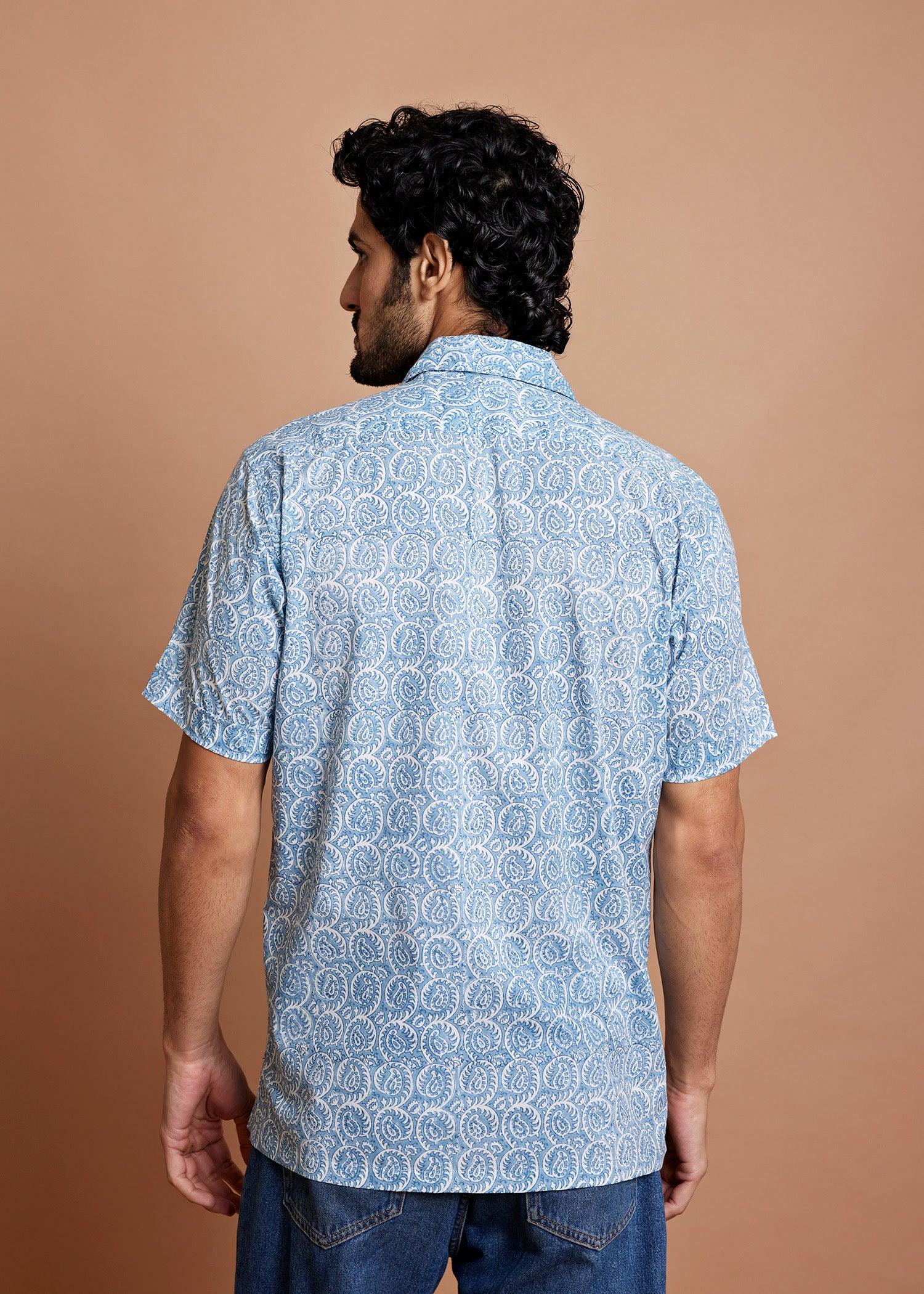 White & Stone Blue Regular Cotton Half Sleeve Shirt Ratan Texprocess Pvt. Ltd