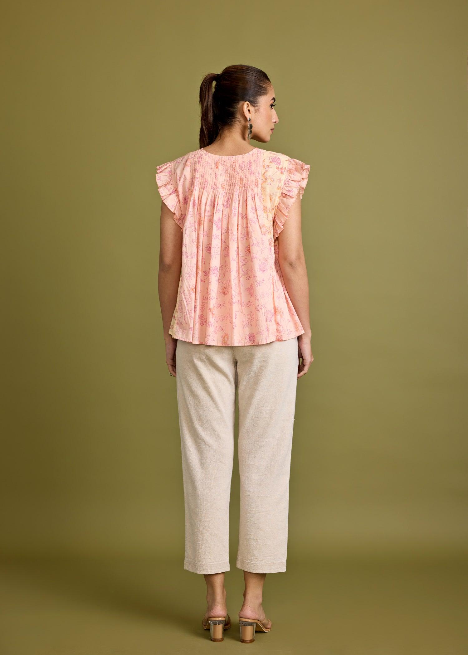 Tropical Peach Voile Pleated Frill Top Ratan Texprocess Pvt. Ltd